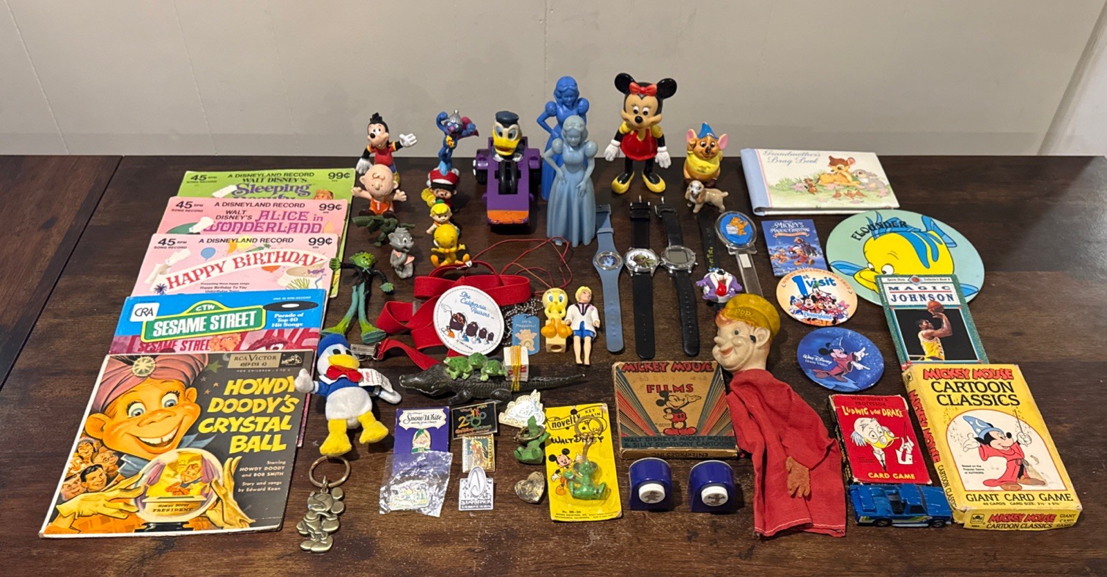 Vintage Estate Collectibles Junk Drawer Lot Disney Pins Watches PVC Toys