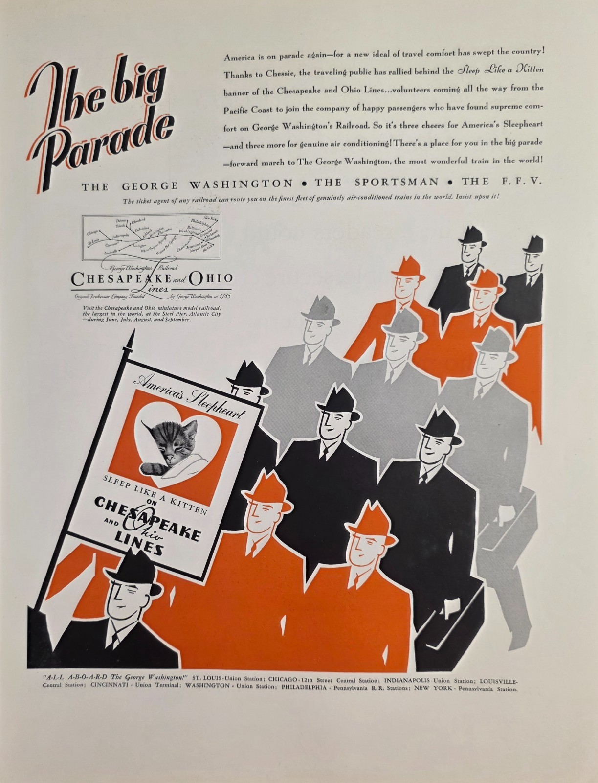 1936 Print Ad Chesapeake Ohio Railroad Lines Sleep Like Kitten George Washington