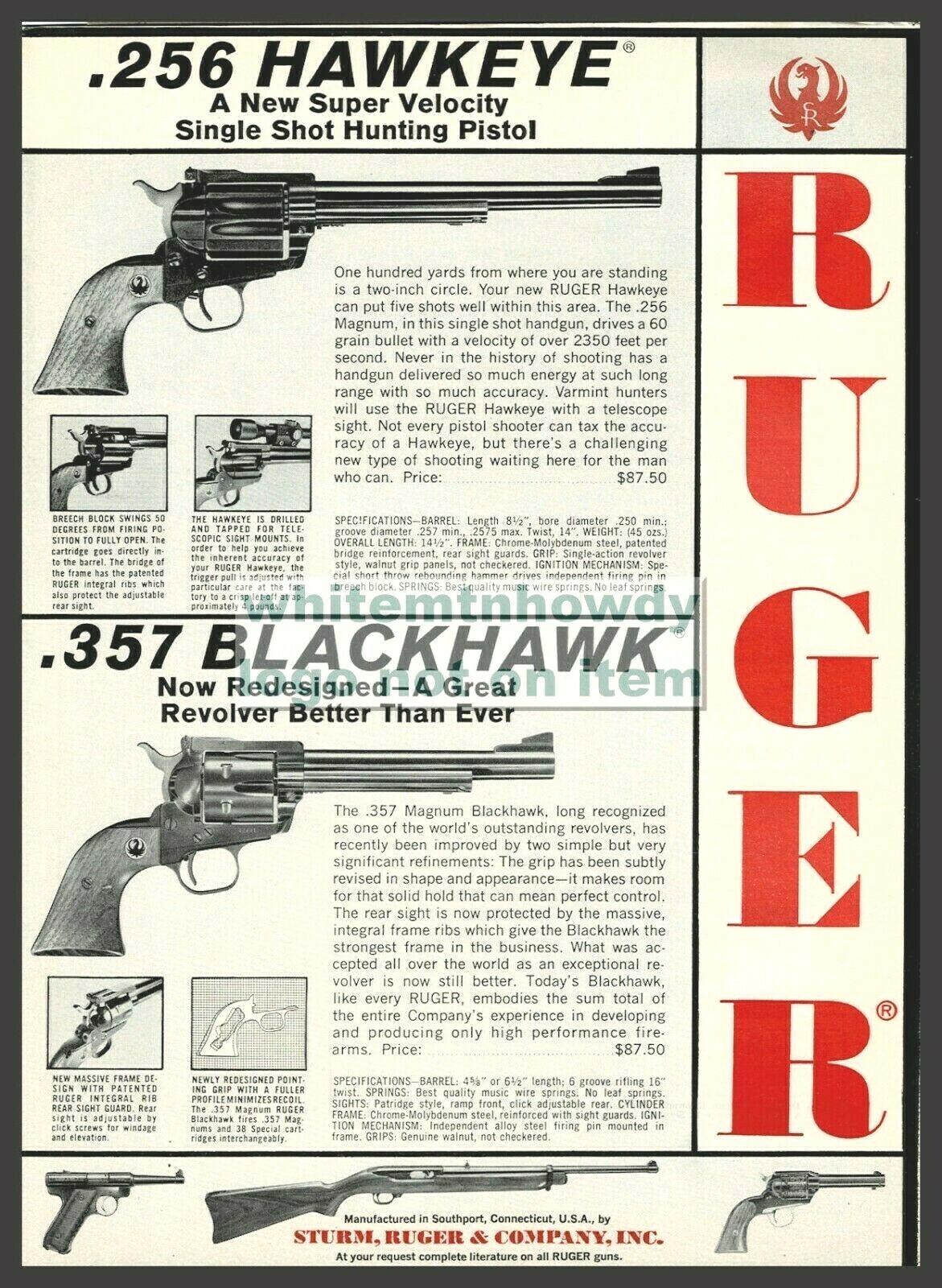 1963 RUGER .256 Hawkeye .357 Blackhawk Revolver Vintage Gun PRINT AD