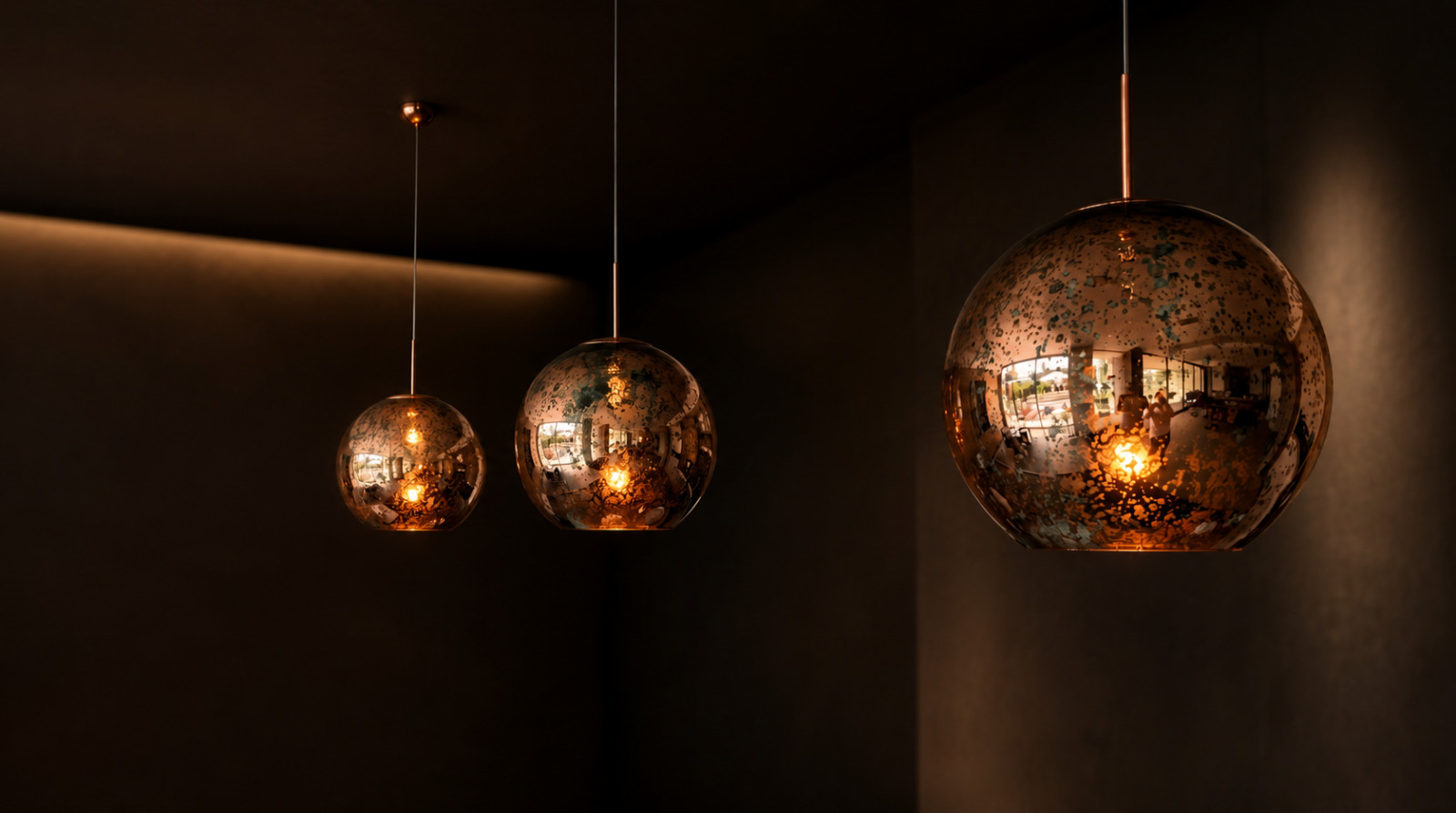 ✨ Rare & Unique 3x Tom Dixon Copper Round Pendant Lights Wabi Sabi Oxidized Orbs
