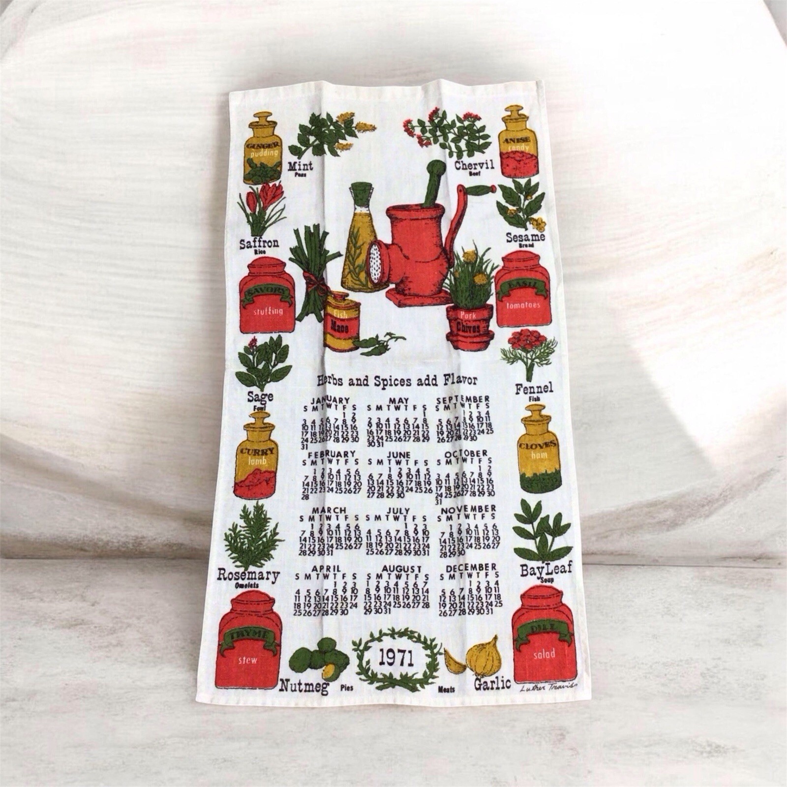Vintage 1971 Linen Calendar Tea Towel Luther Travis Fallani & Cohn 27x15”