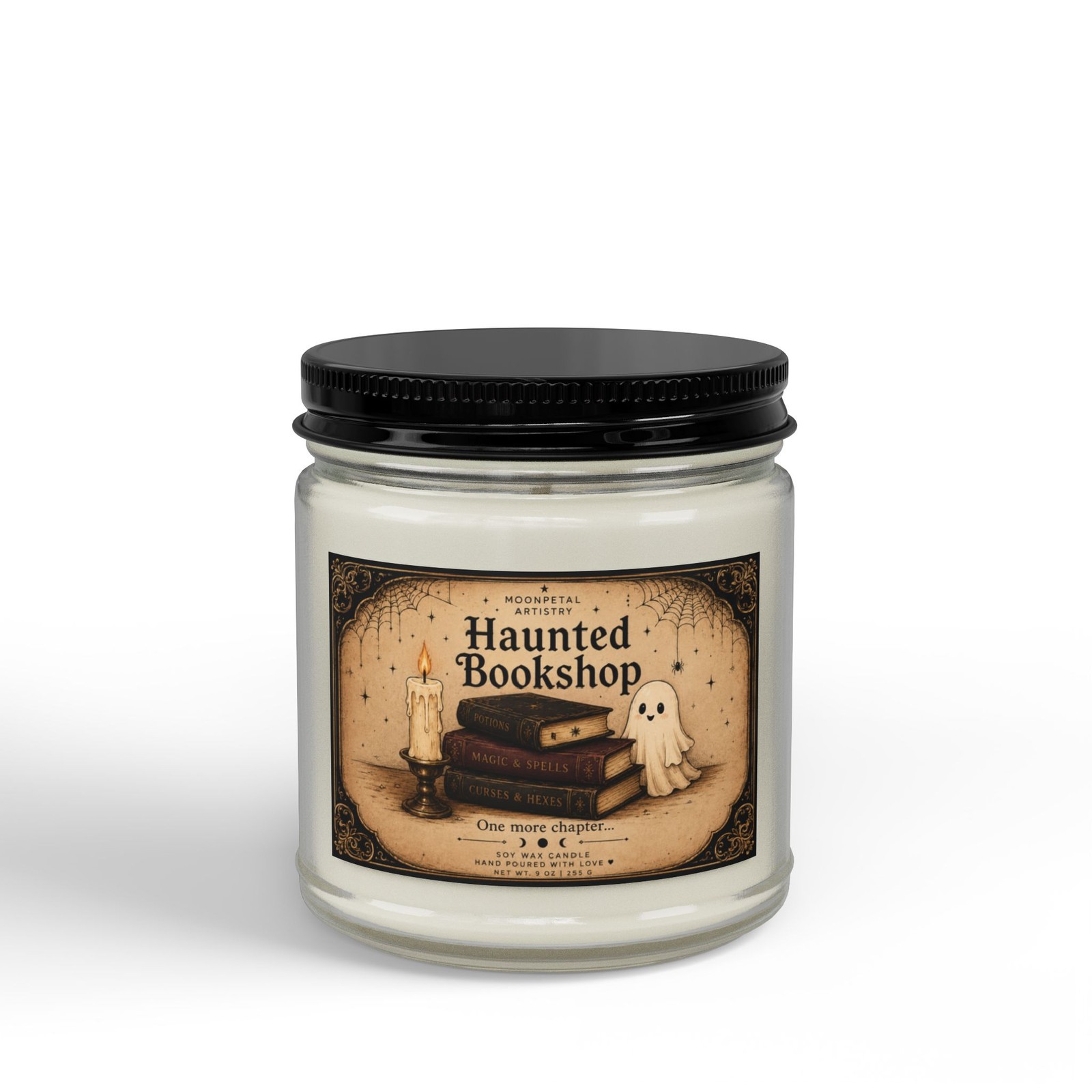 Haunted Bookshop Candle jar | Soy Candle, Amber Jar with Black Lid