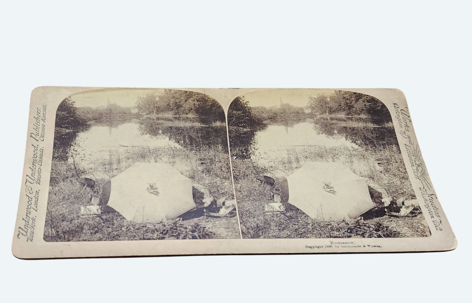 Antique 1897 Underwood Stereoview Romance Umbrella Lakeside Outdoor Scene