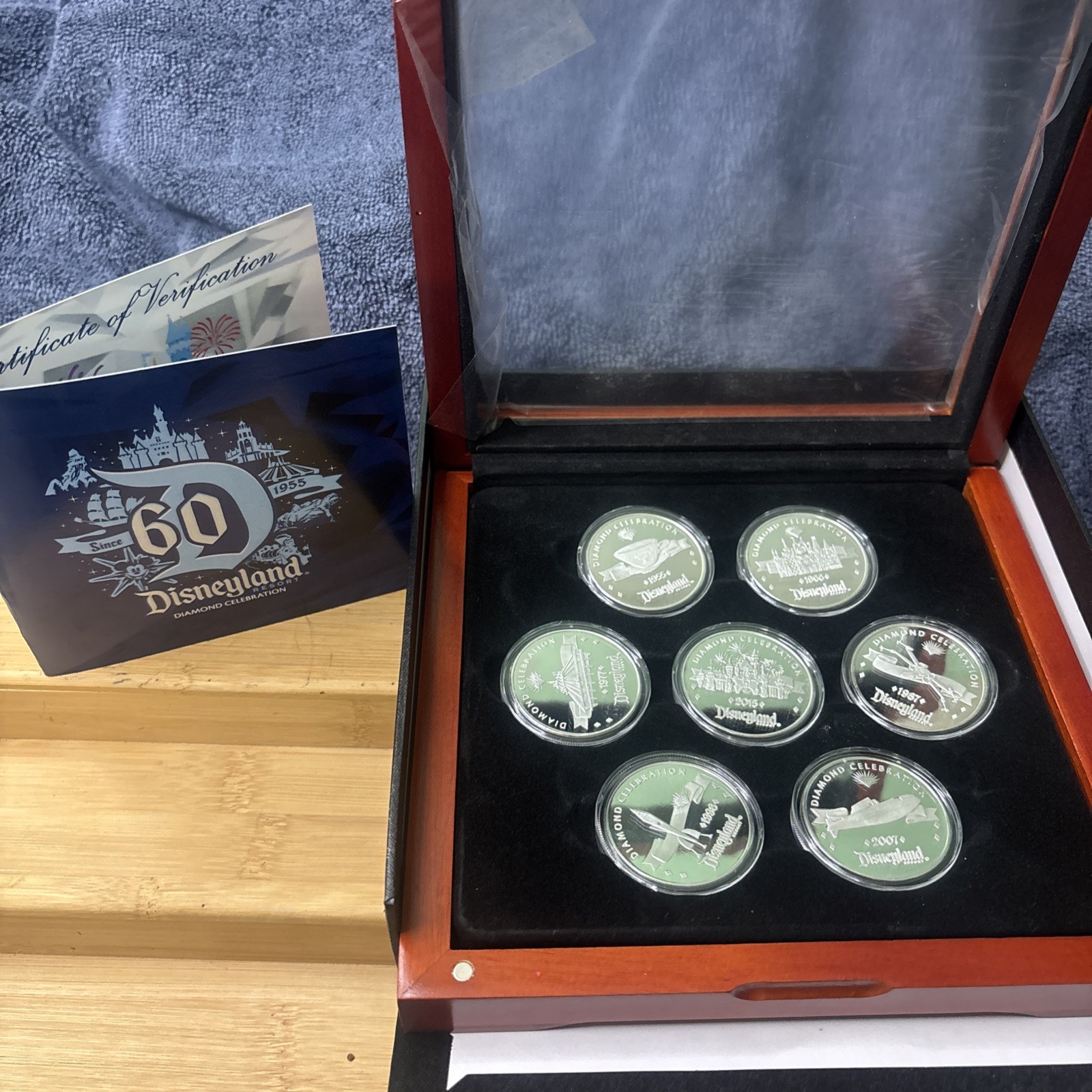 Disneyland 60th Anniversary Silver Plated Medallions Box Set of 7 155 Of 1955
