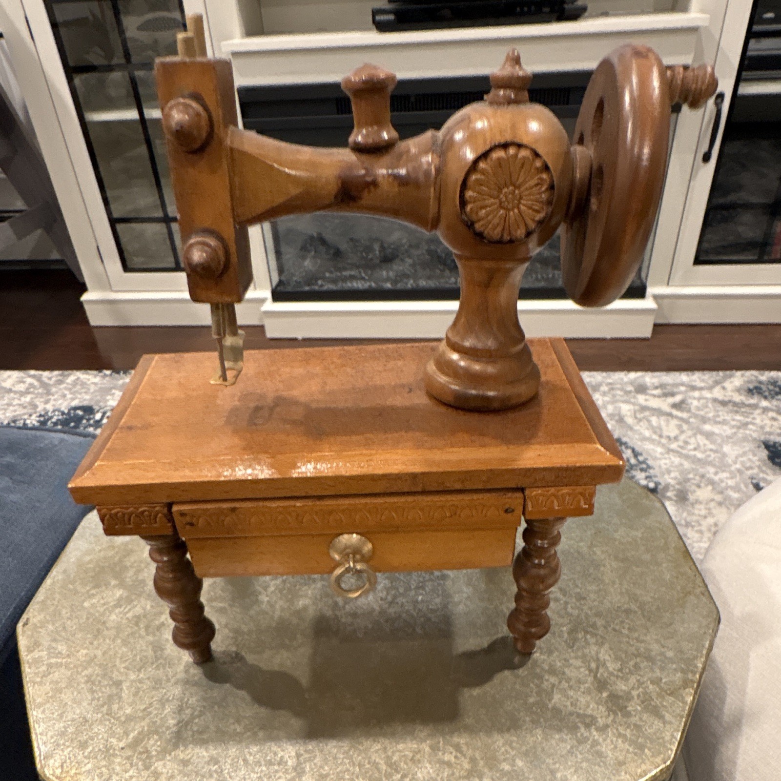 Handmade Wooden Miniature Sewing Machine Notion Figurine with Drawer