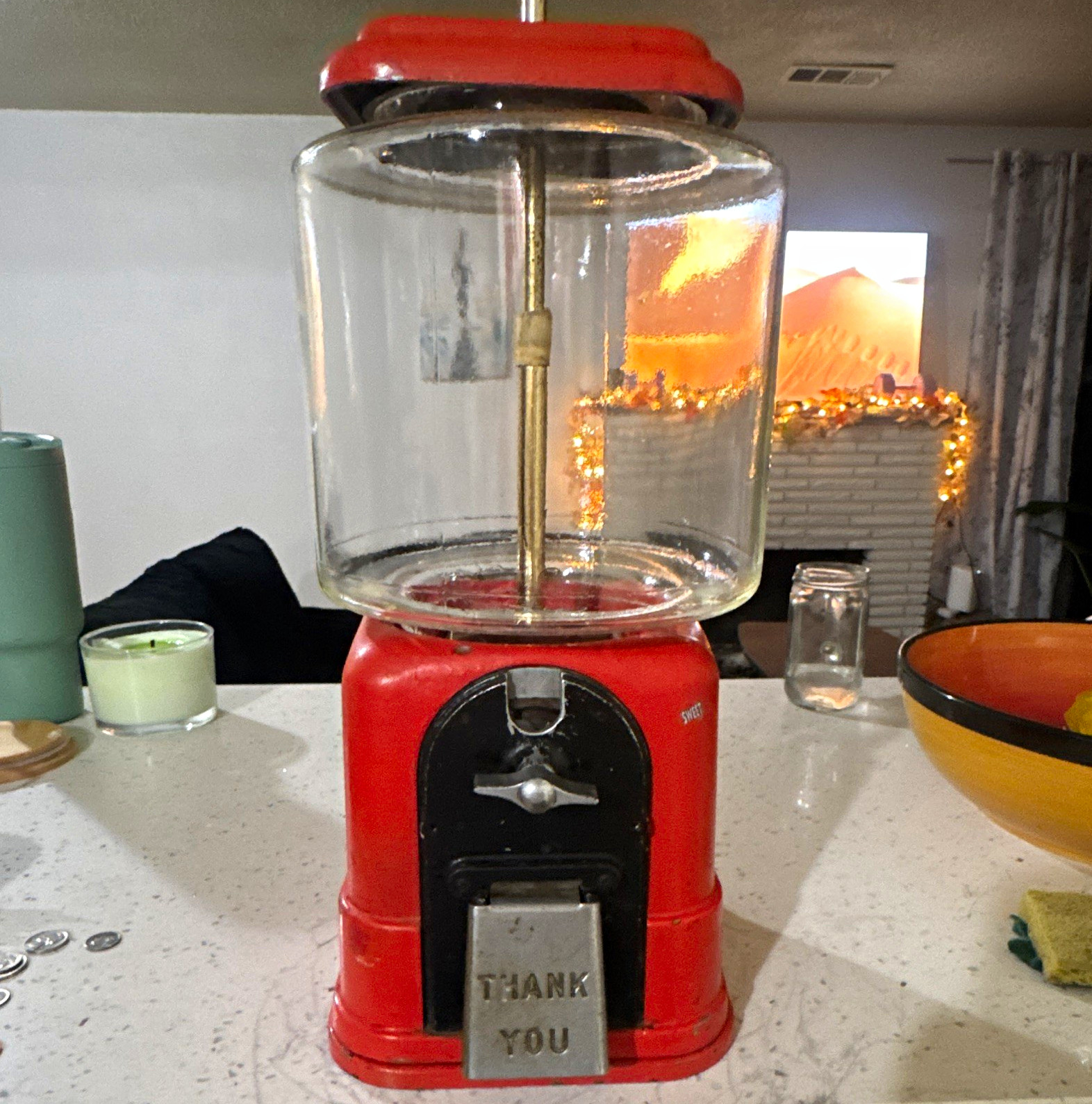 antique Red Metal & Glass Gumball Machine w/1 cent Coin Mechanism THANK YOU Flap