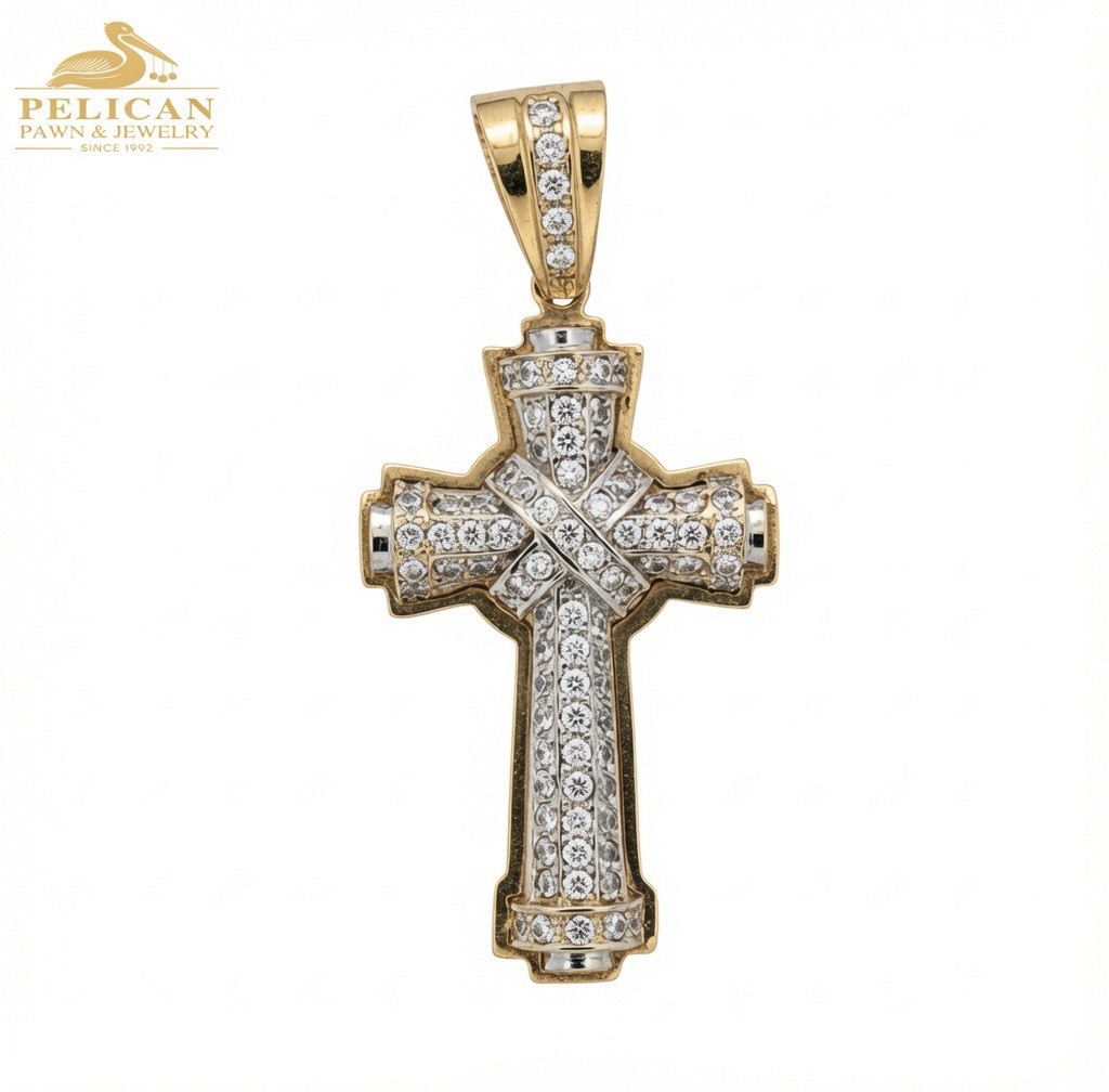 10KT Yellow Gold White Stone Wrapped Large Cross Pendant (PBR121742)