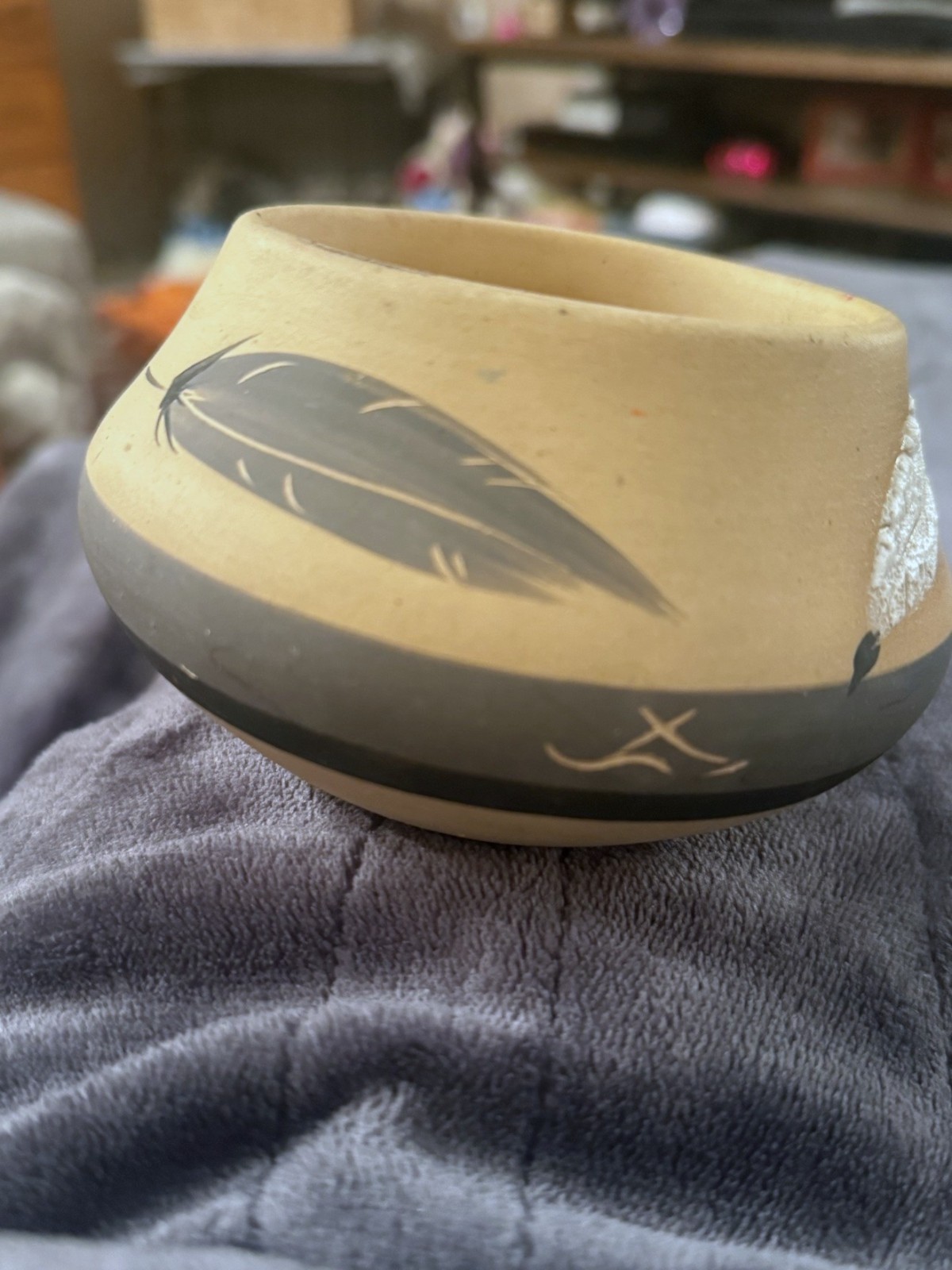 Native Feather Bowl Vintage 1989 Gray Feather Art Native Style Bowl Decor