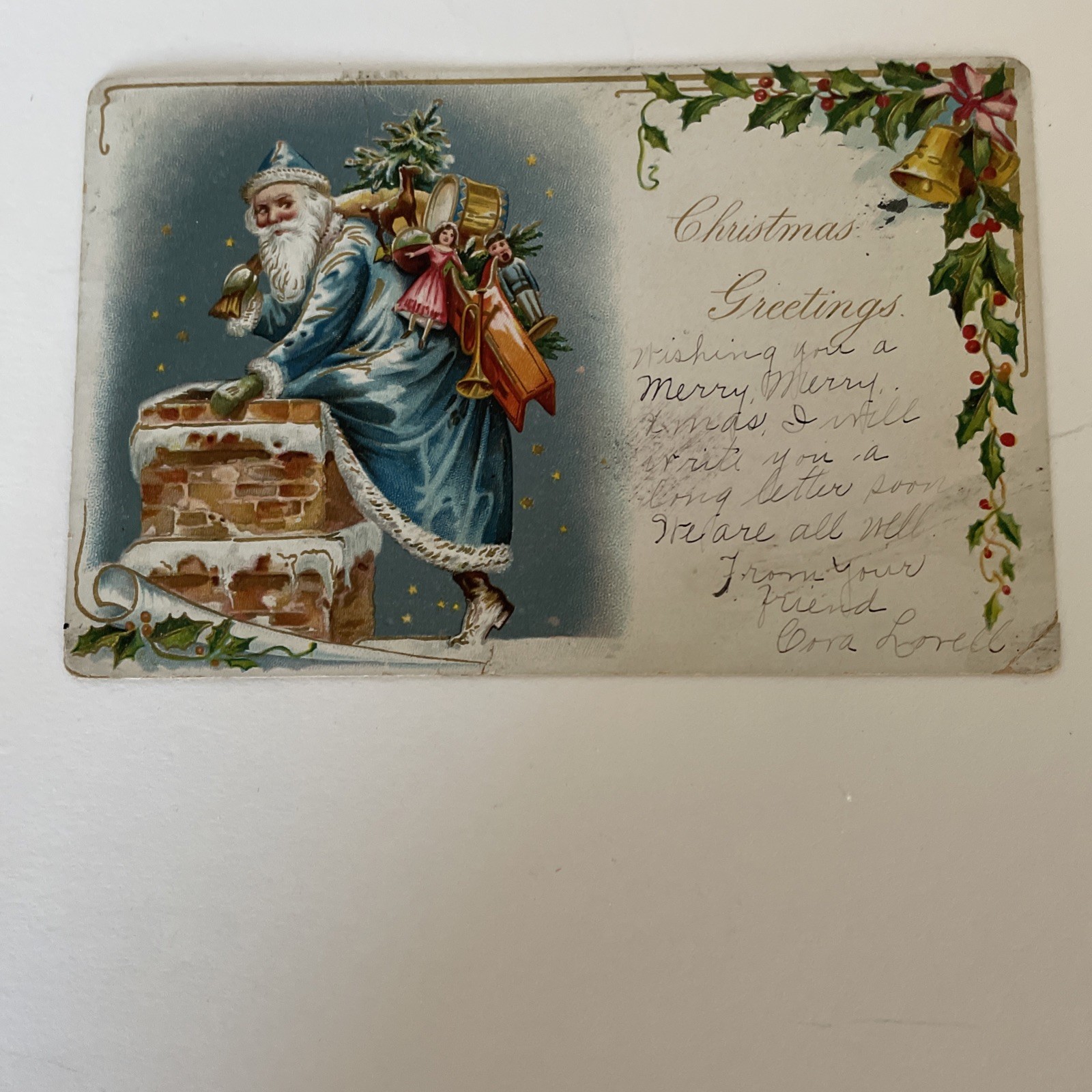TUCK  PM 1905 BLUE ROBE SANTA VINTAGE EMBOSSED CHRISTMAS  GREAT TOYS POSTCARD