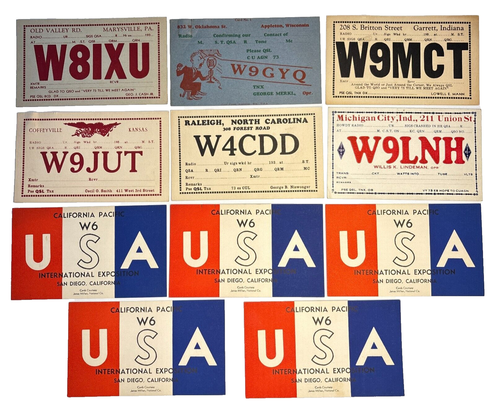 Lot of 11 Vintage QSL Radio Cards Amateur Radio USA 1935-1936 San Diego CA Expo