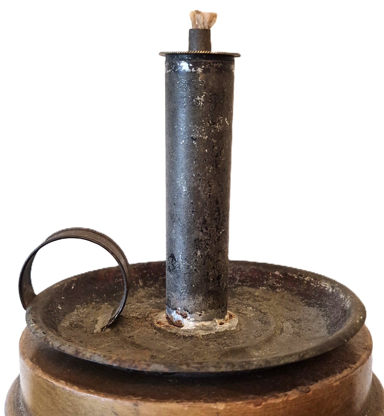 RARE ANTIQUE EARLY 19TH CENT TIN CANDLESTICK SMALL WHALE OIL LAMP UNBURNED EXC