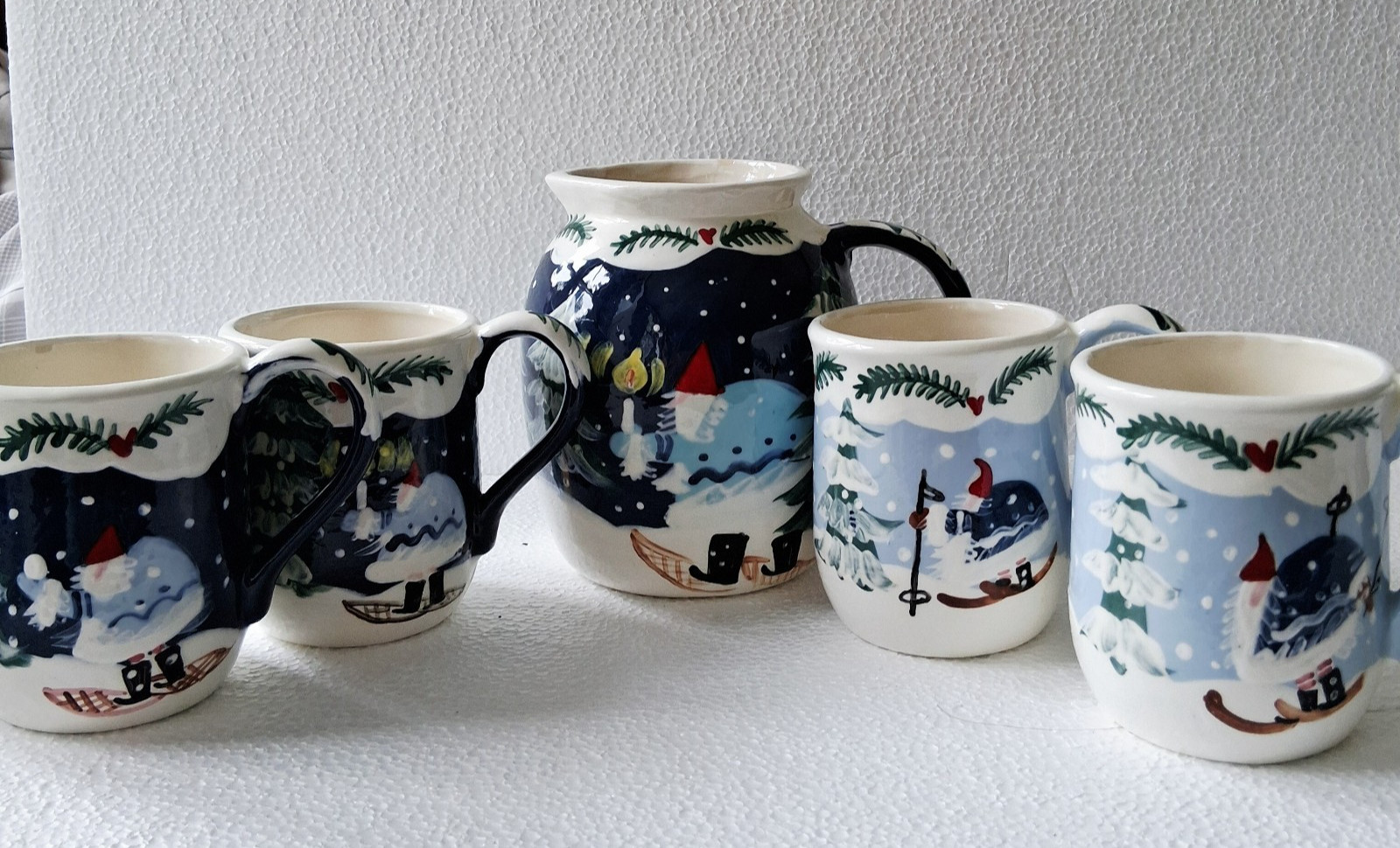 4 Vintage mugs & Pitcher Hand Painted Scandinavian skiing snowshoe Santa Signed