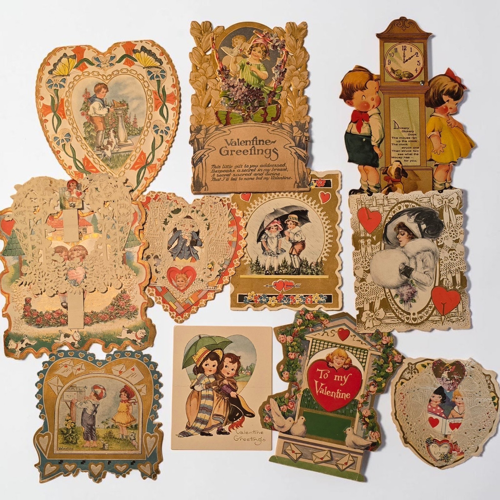Lot of 11 Antique 1920s Valentines Day Card Whitney German Lace Die-Cut