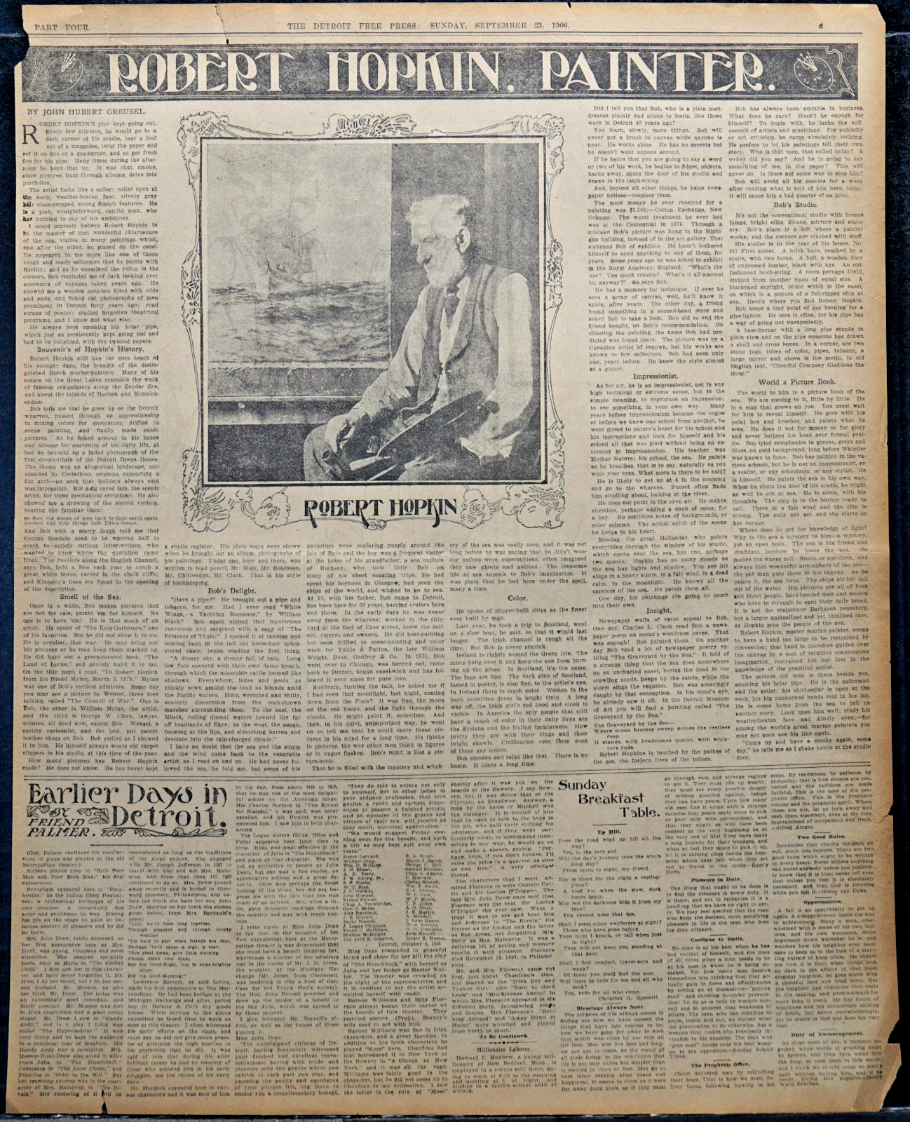 1906 Detroit Sunday Newspaper Feature Page - Profile of Artist Robert Hopkin