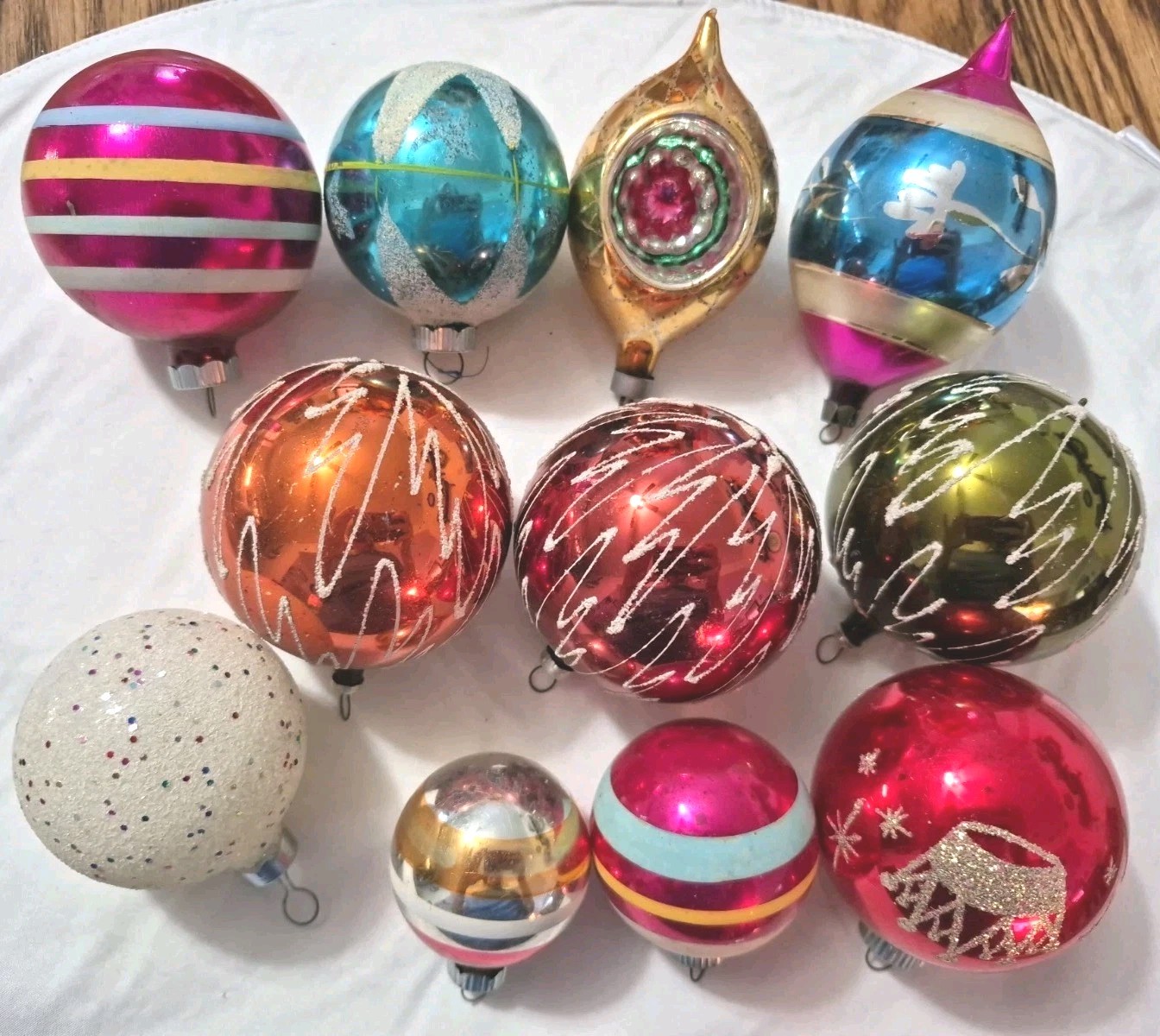 LOT 11 VINTAGE CHRISTMAS ORNAMENTS GLITTER FLOCKED STRIPES STENCILS INDENTS