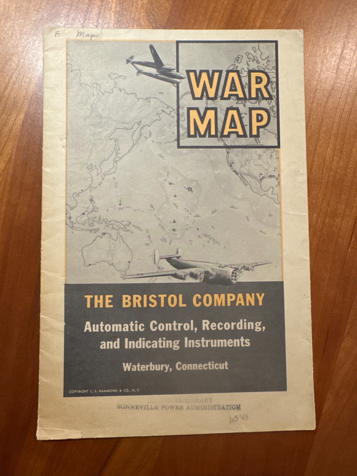 FREE SHIP 1943 WWII War Map Bristol Company Hammond