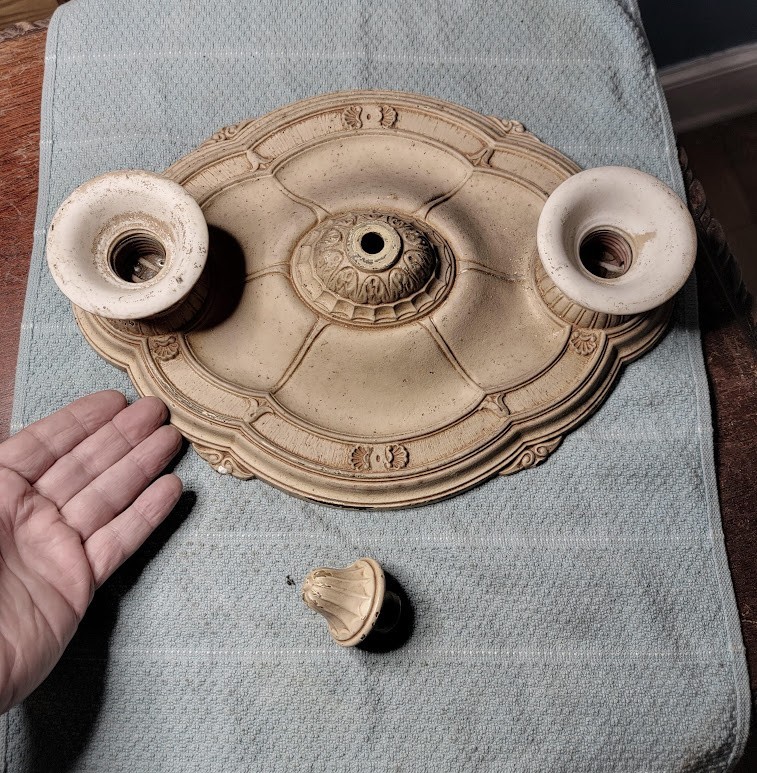 Antique Salvaged 1920’s Flush Mount Ceiling Fixture Two Light Sockets Art Deco