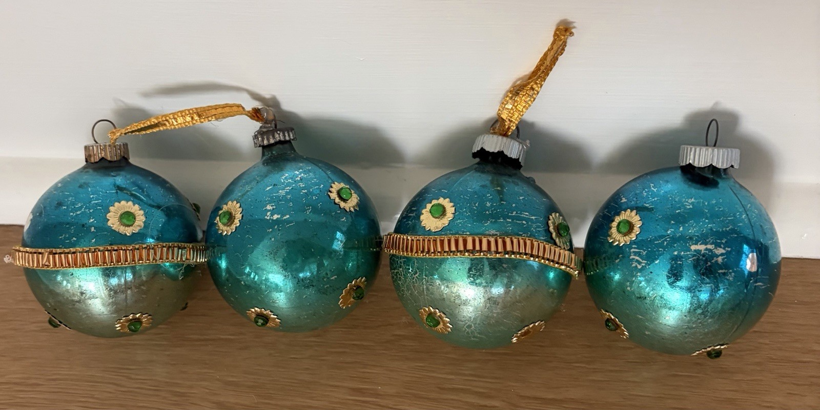 Vintage Lot Of 4 Vintage Shiny Brite Christmas Ornaments Embellished Gems Blue