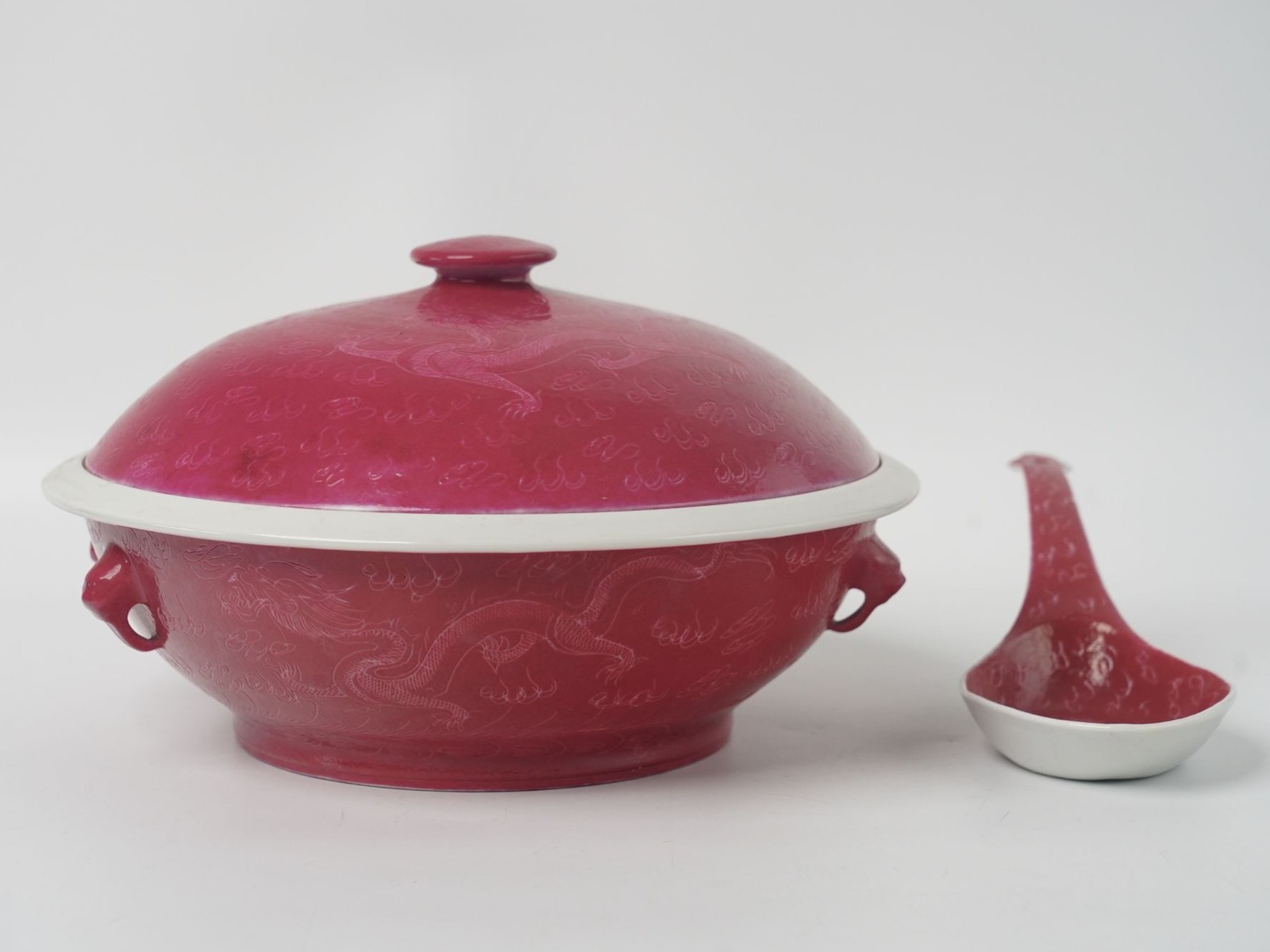 Vintage Chinese Jingdezhen Qing Style Rouge Red Sgraffito Dragon Tureen & Spoon