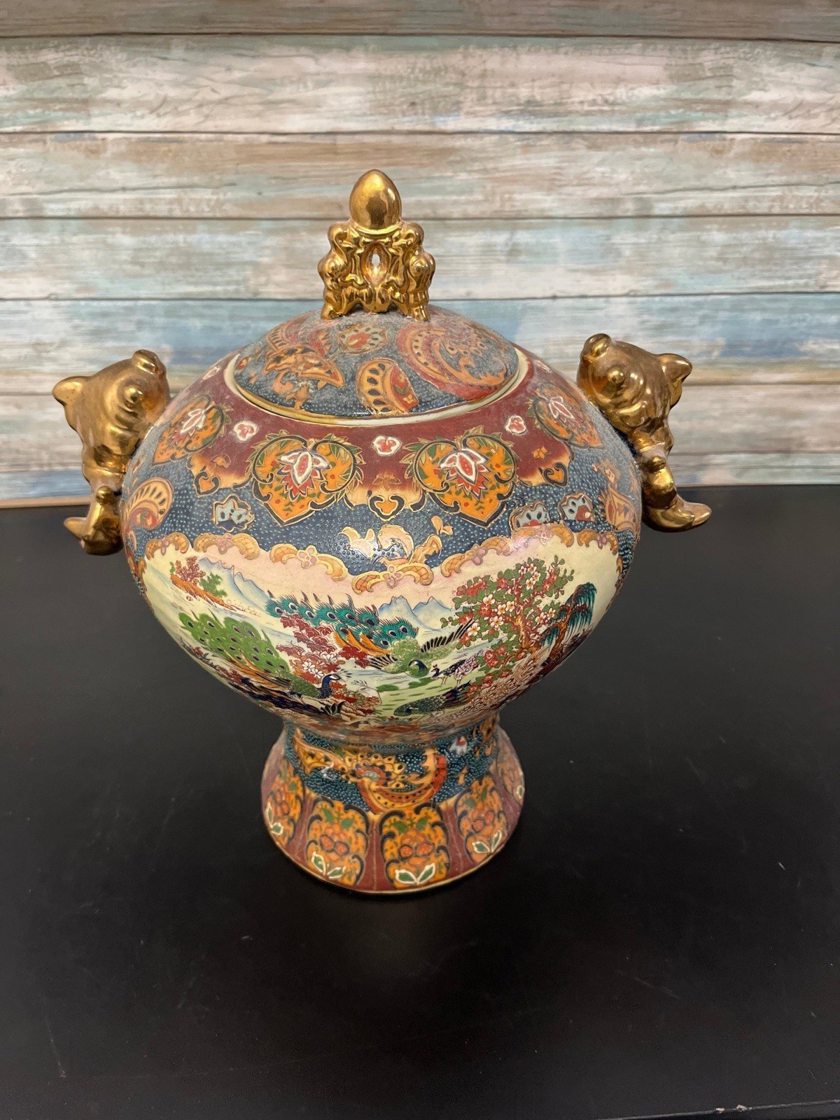 Vintage Satsuma-style Lidded Porcelain Urn Hand Painted