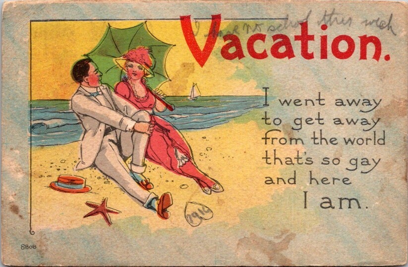 Postcard Romantic Couple on Beach Vacation I Went Away to Get Away 1916    21573