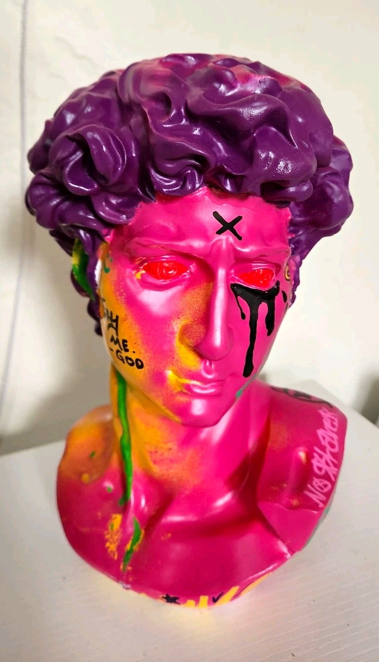 Hand Painted Graffiti Resin Bust Sculpture Unknown Artist Art Basel Pink Purple