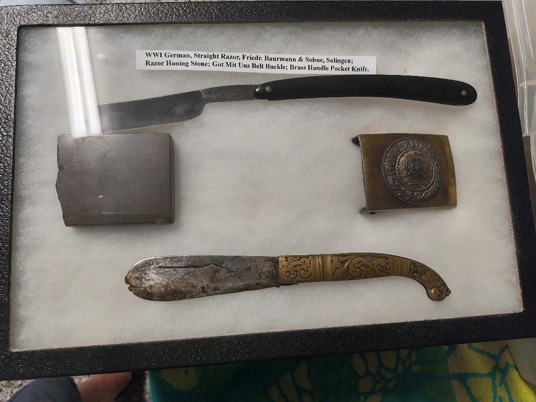 WWI German Prussian Gott Mit Uns Belt Buckle Razor Display Shadow Box Set