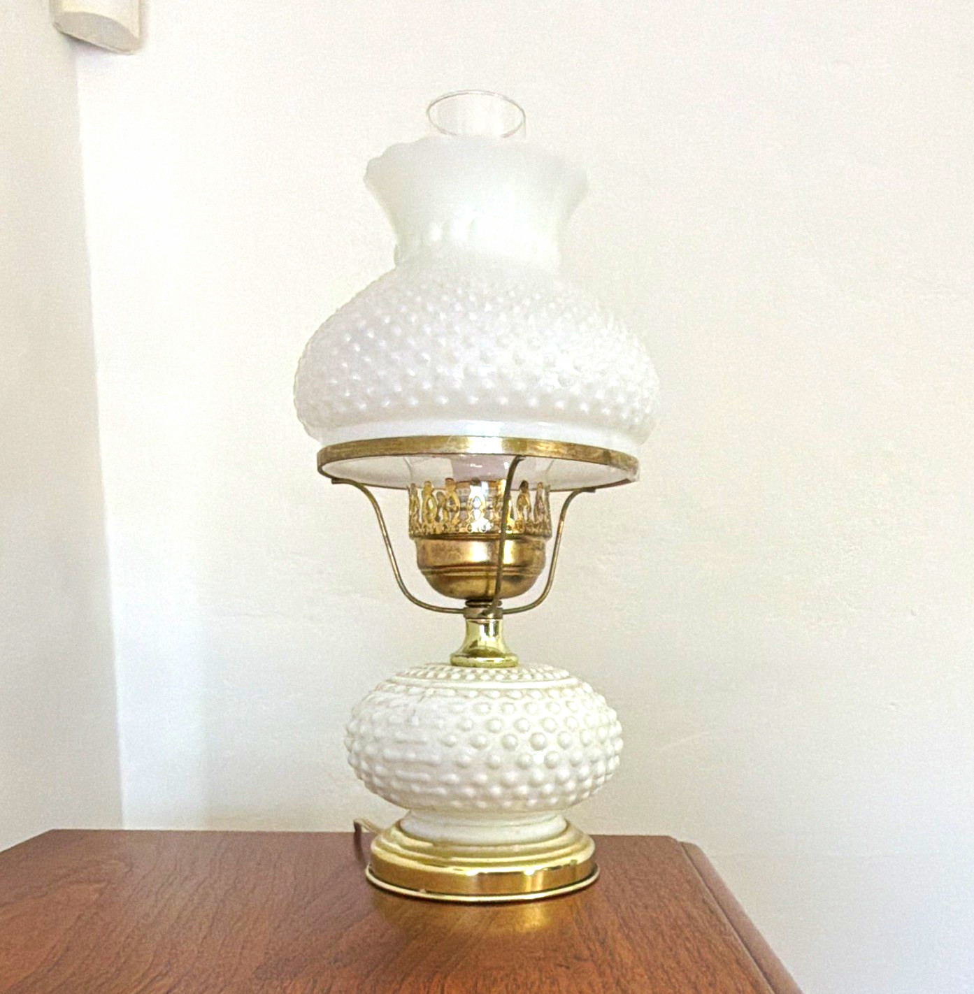 Vintage White Milk Glass Hobnail Hurricane Lamp w/ Shade, Metal Base, Knob