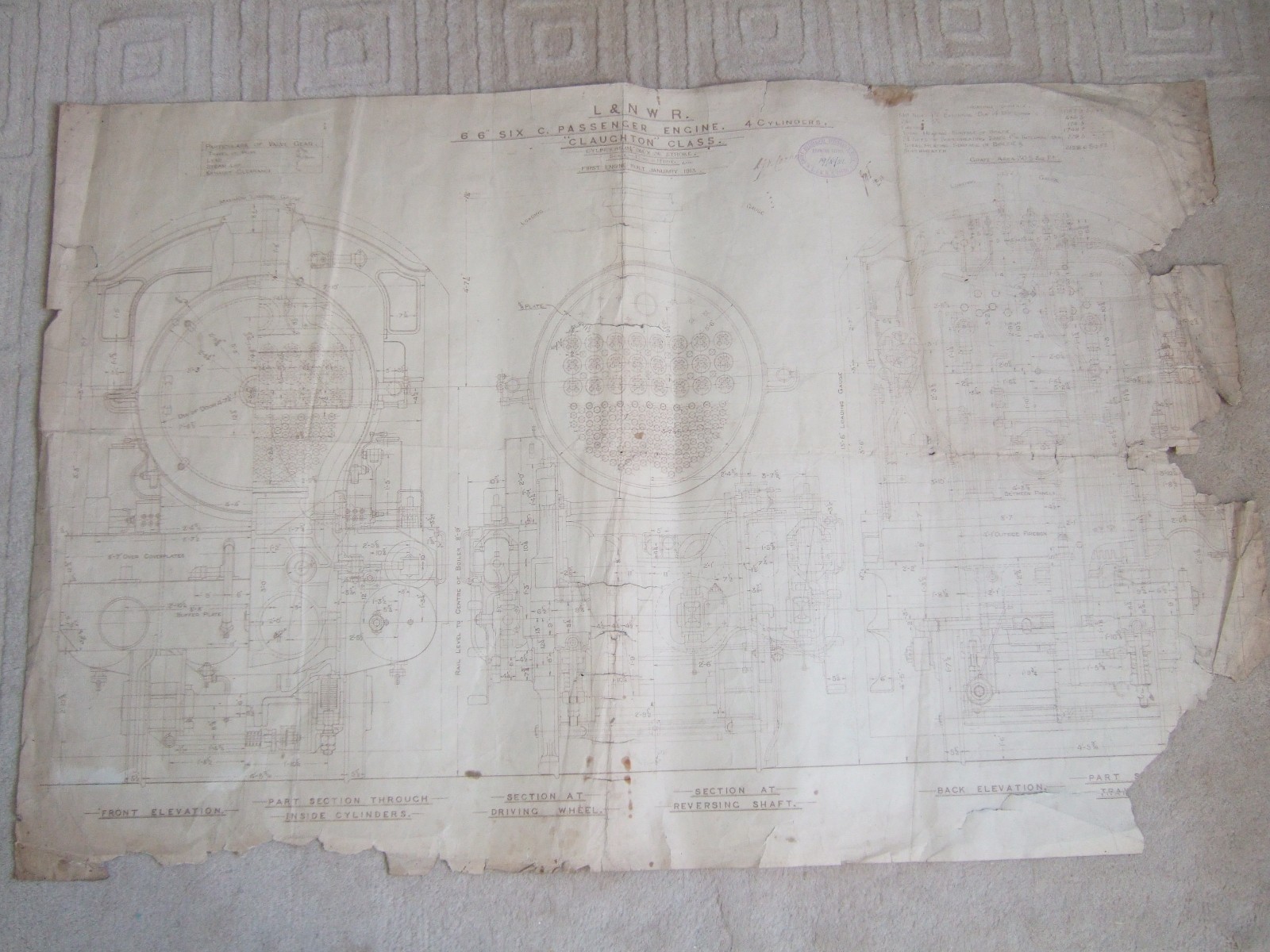 Original LNWR Claughton Class Locomotive Crewe Works Drawing 1913/1921. Worn.
