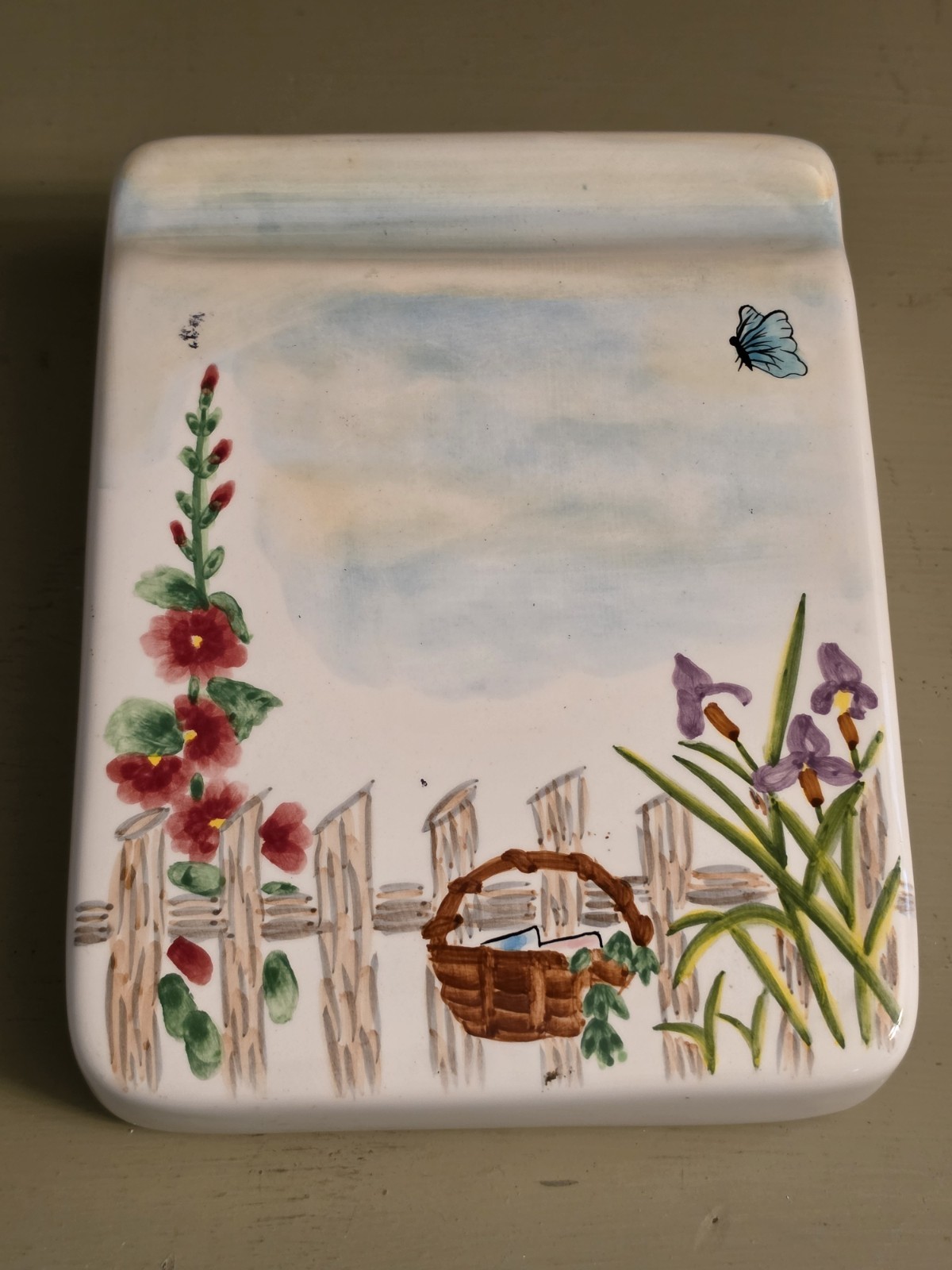 Vintage MWW Market Ceramic Spoon Rest Counter Organizer Hollyhock Iris Garden...