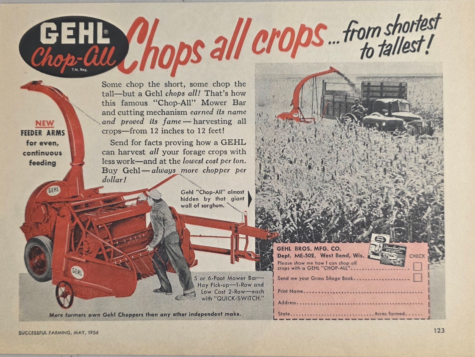 1956 Print Ad Gehl Chop-All Pulled by Tractor Chops All Farm Crops West Bend,WI