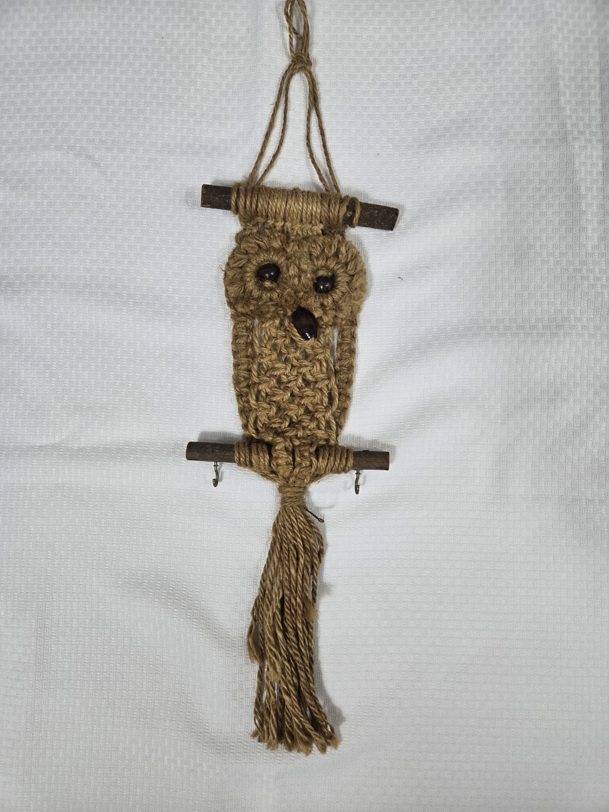 Vintage Boho Macrame Jute Bead Owl Wall Hanging Decor Folk Art 22”