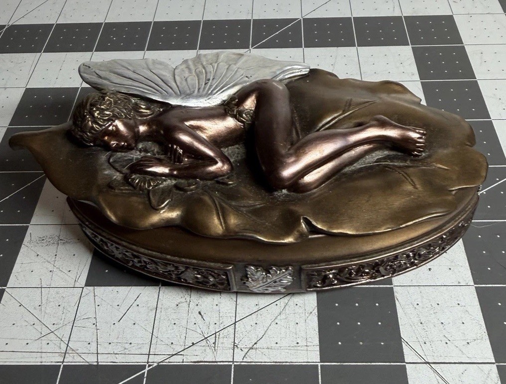 Art Nouveau Sleeping Lotus Fairy Girl Trinket Box cold-cast resin