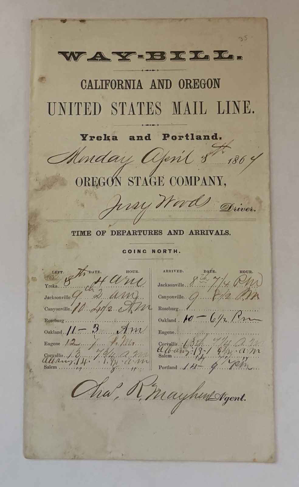 JA131 1867 Old W. Stagecoach Manifest Signed Agent Chas Mayhew Oregon Mail Line