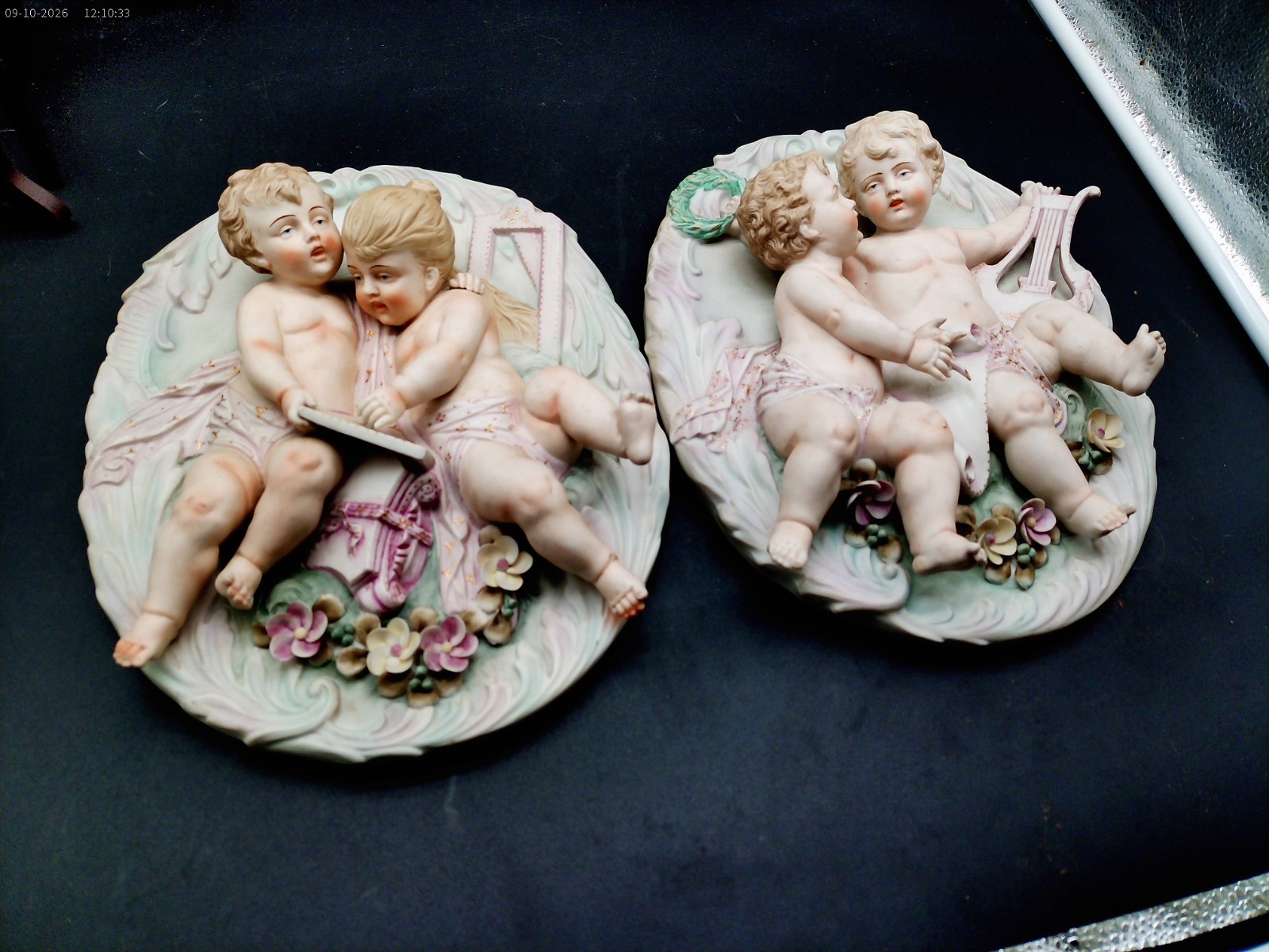 VINTAGE BISQUE PORCELAIN WALL PLAQUE WITH CROSSED ARROWS MARK SET OF TWO