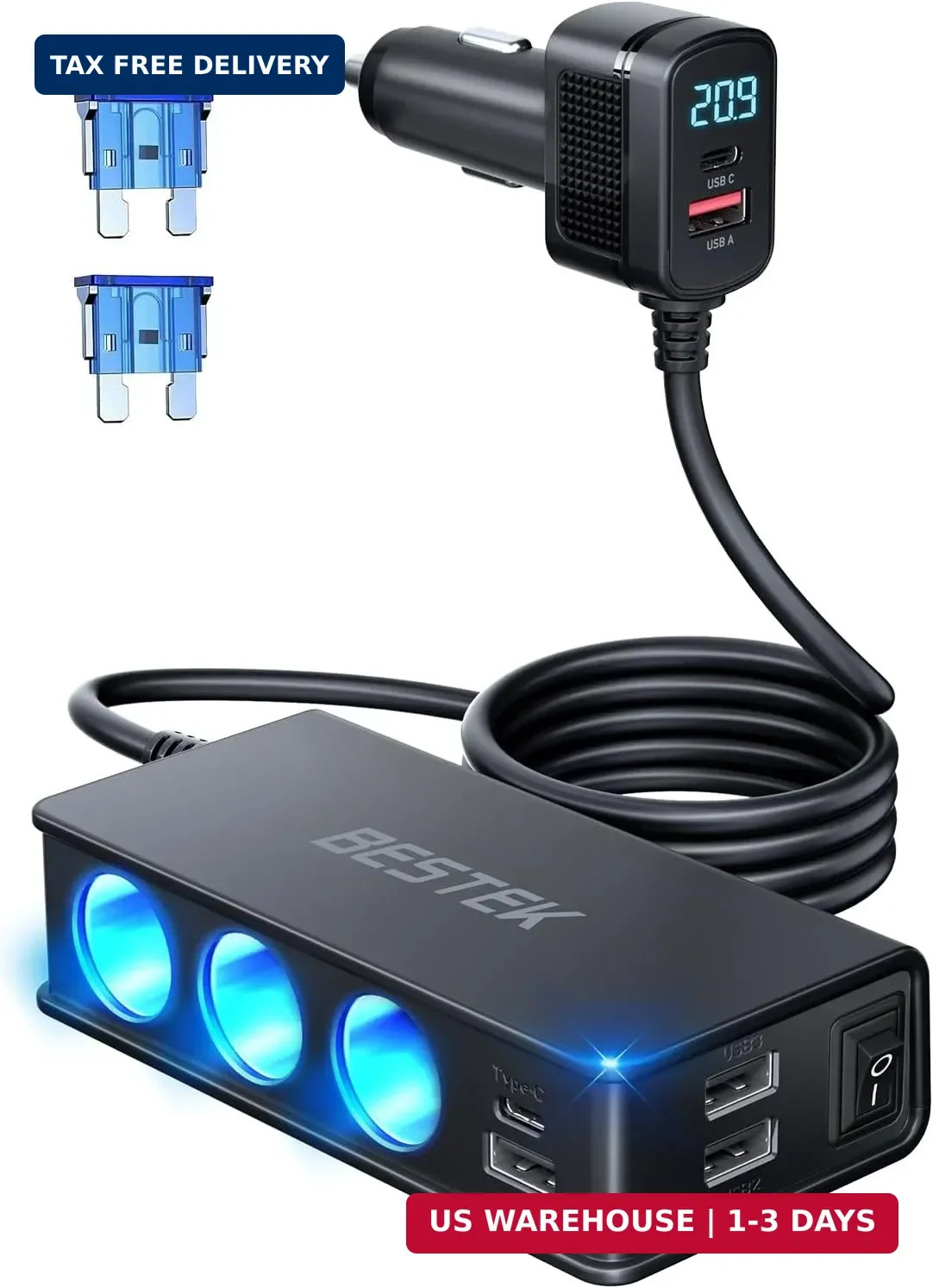 BESTEK 148W 9 in 1 Cigarette Lighter Splitter with PD30W & QC3.0