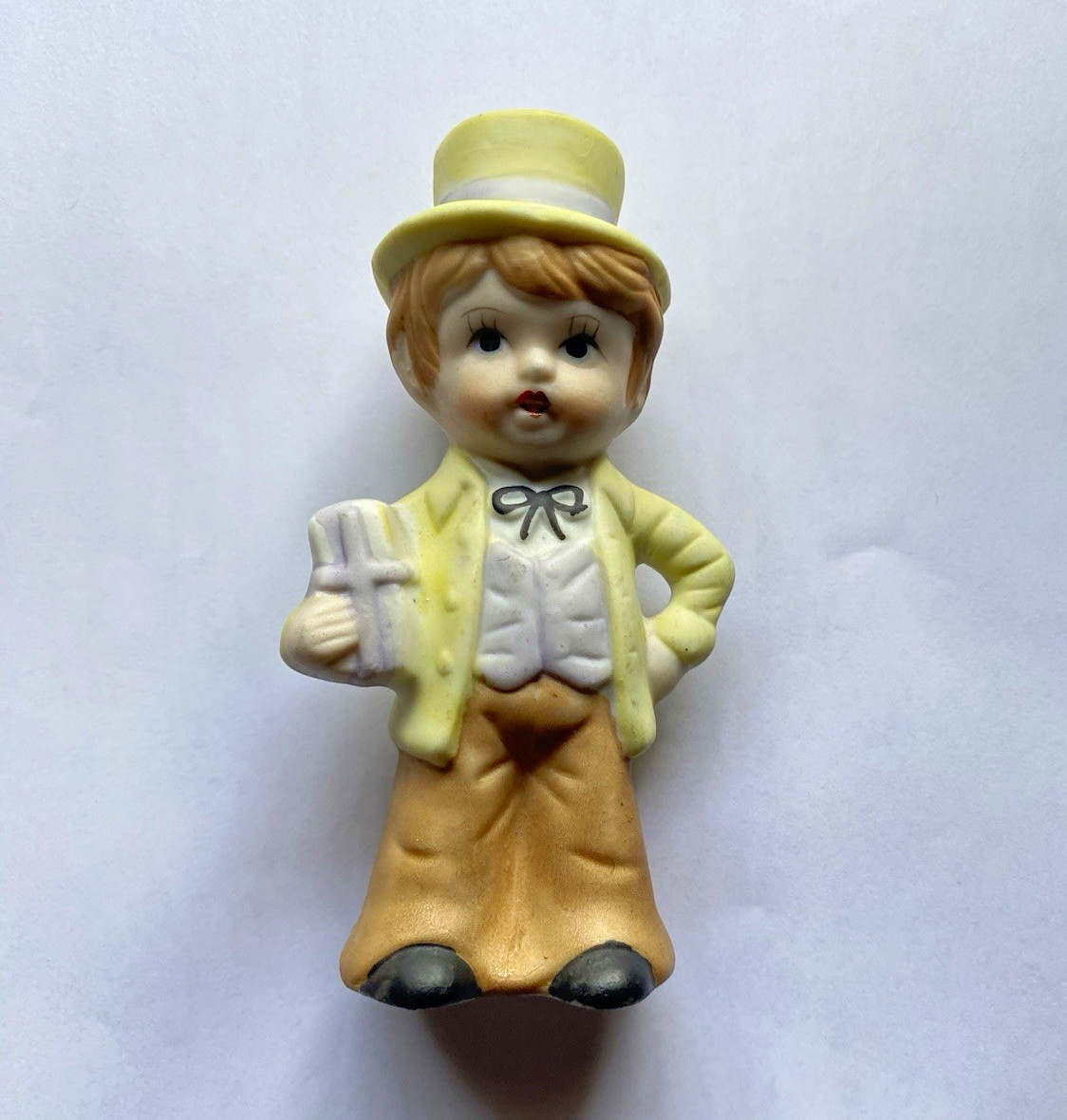 Vintage Porcelain Boy Figurine Yellow Top Hat & Jacket Brown Pants Marked Japan