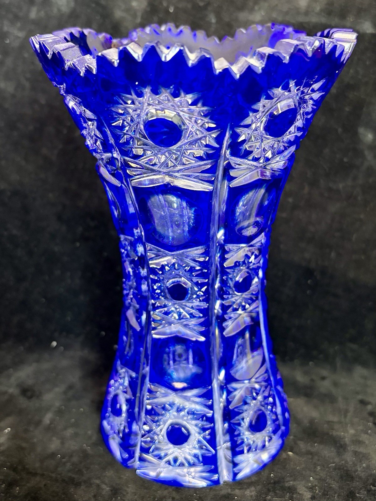 Caesar Crystal Bohemiae Cobalt Blue Cut Crystal Vase Czech Republic 24% PbO