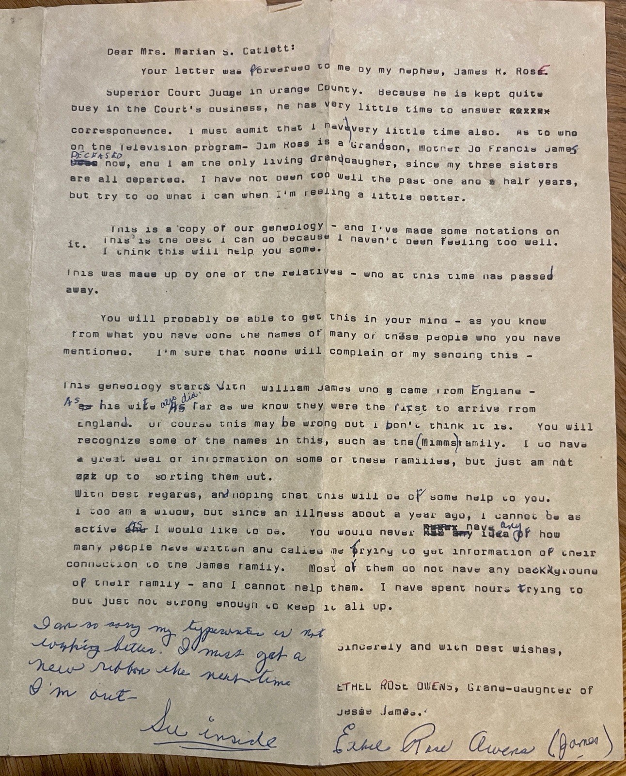 RARE Outlaw Jesse James Granddaughter Ethel Signed Letter + Family Tree Notes