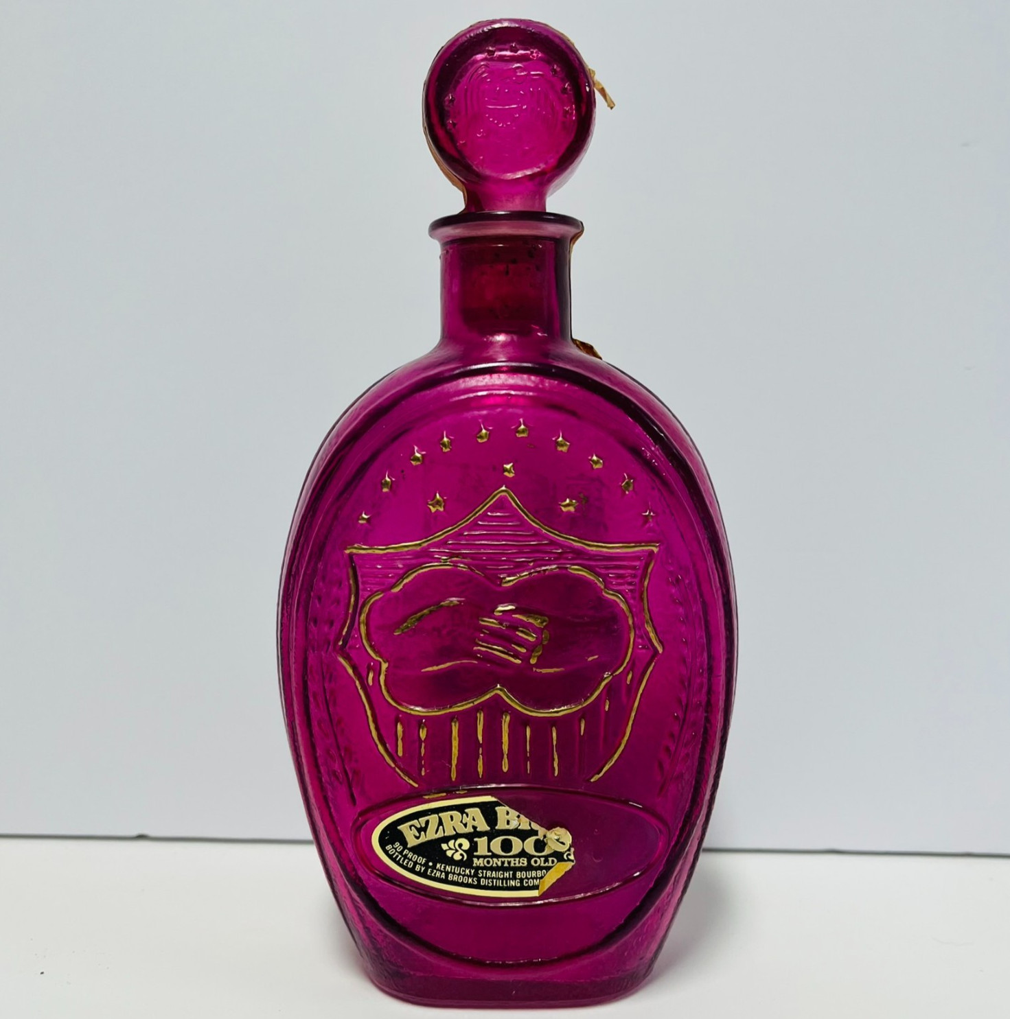 Vintage Ezra Brooks Pink Glass Whiskey Decanter Original Stopper Gold Trim Label