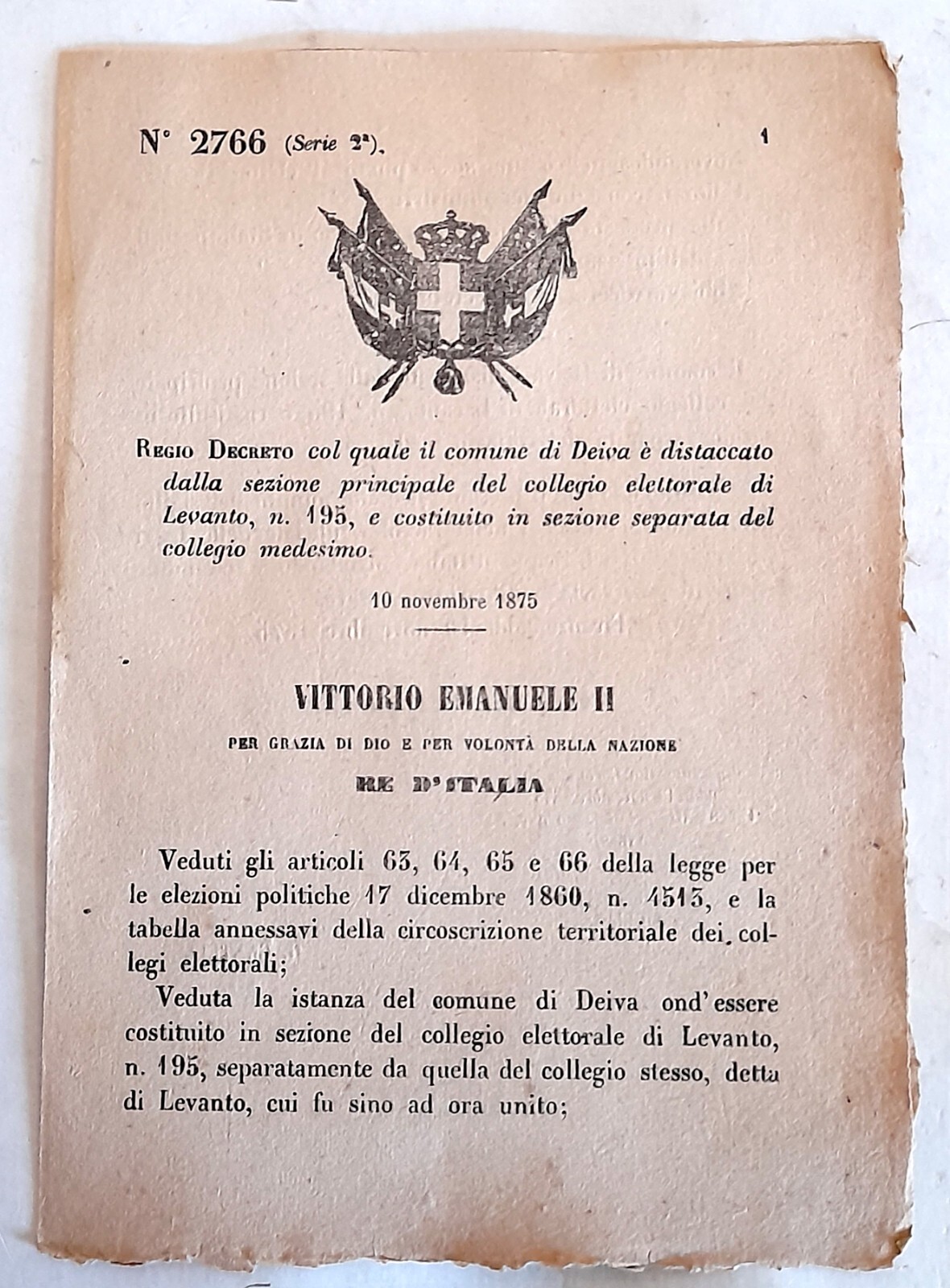 Royal Decree 2766 Vittorio Emanuele II 1875 Kingdom of Italy Original Document