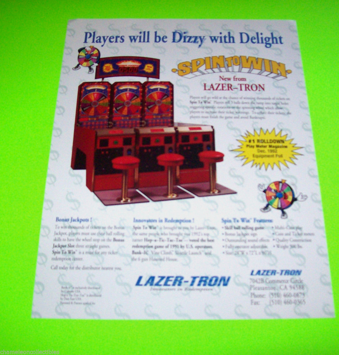 SPIN TO WIN ORIGINAL NOS REDEMPTION GAME MACHINE SALES FLYER