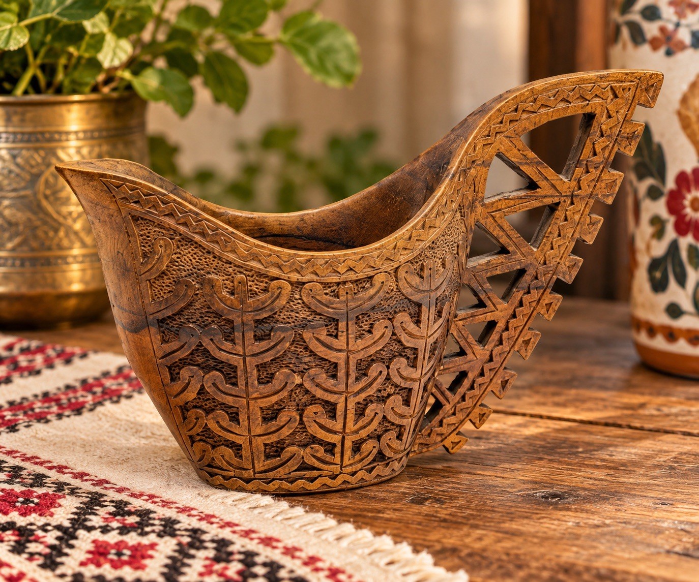 Vintage Yugoslavian Hand Carved Wood Wedding Shepherd Cup Balkan Folk Art