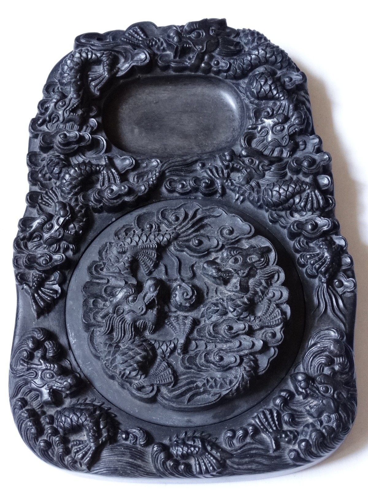 Vintage Chinese Carved 9-Dragon Inkstone, w/ Cover - Large & Heavy
