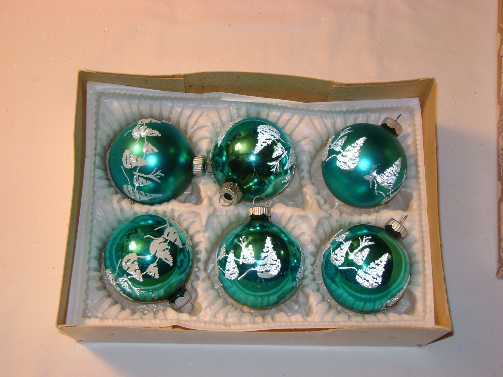 Box of 6 Blue Vintage Shiny Brite Glass Christmas Ornaments Stencils