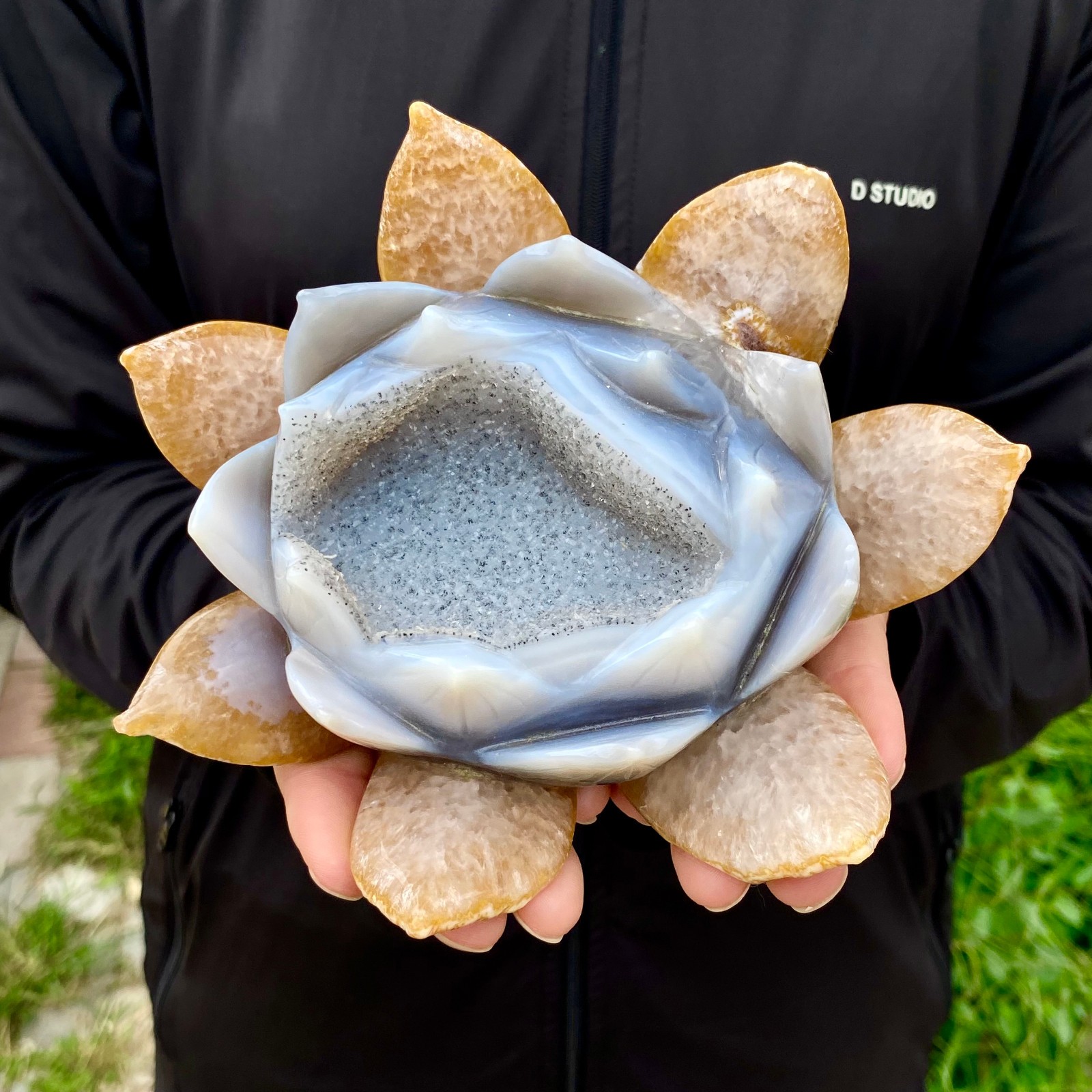 2.27LB Natural Agate Geode Carved Lotus Flower, Hand Carved Healing Crystal Home
