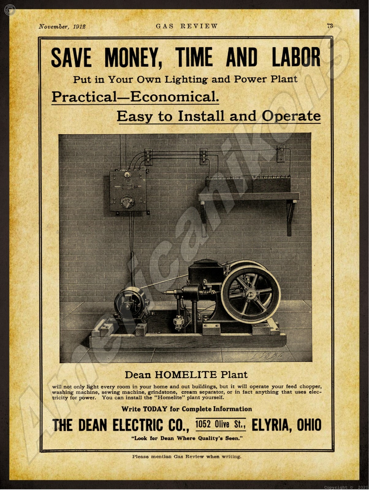 1912 Dean Electric Power Plant NEW Metal Sign 24