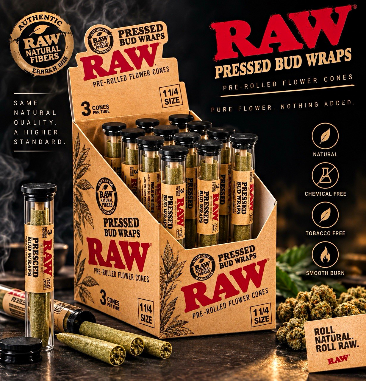 RAW Pressed Bud Wraps Pre-Rolled Flower Cones 1 1/4 Size 3/Tub 12 pack box new