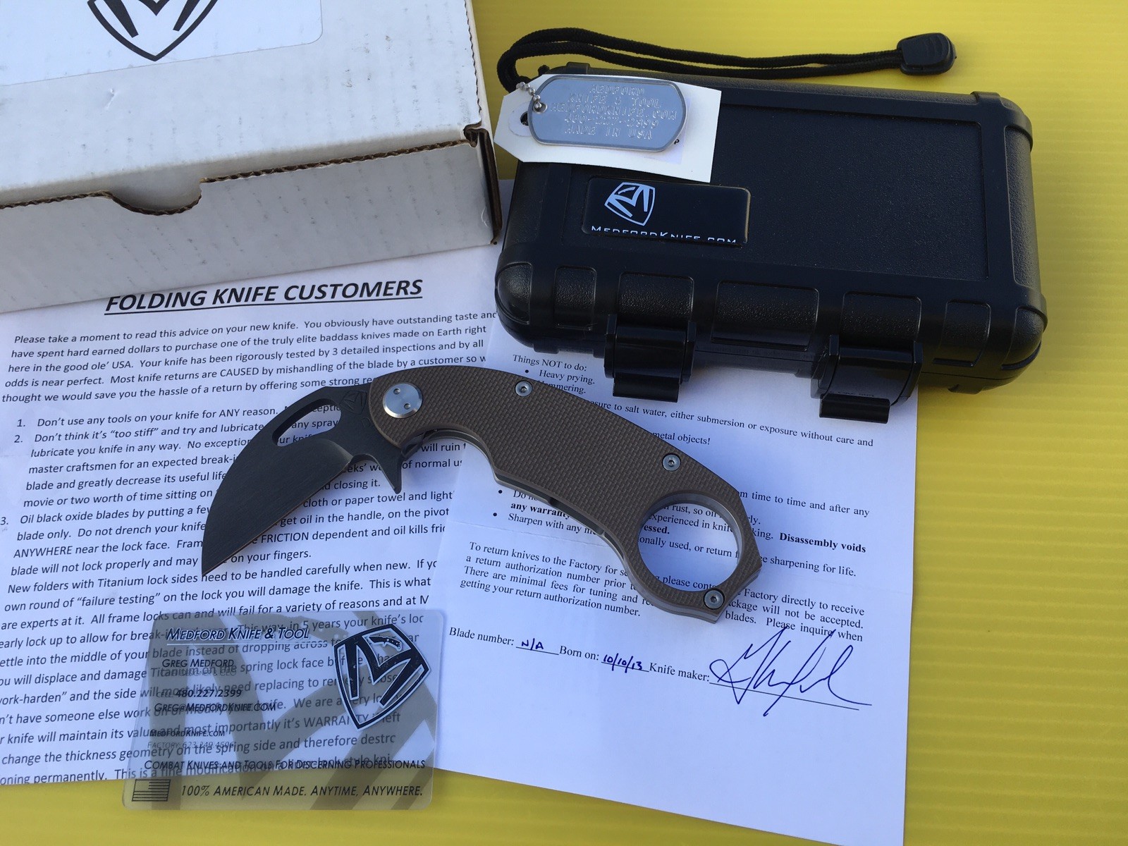 MEDFORD TACTICAL FOLDING KARAMBIT  TFK-1  D2 BLADE   TI/G10 HANDLE   MINT   USA