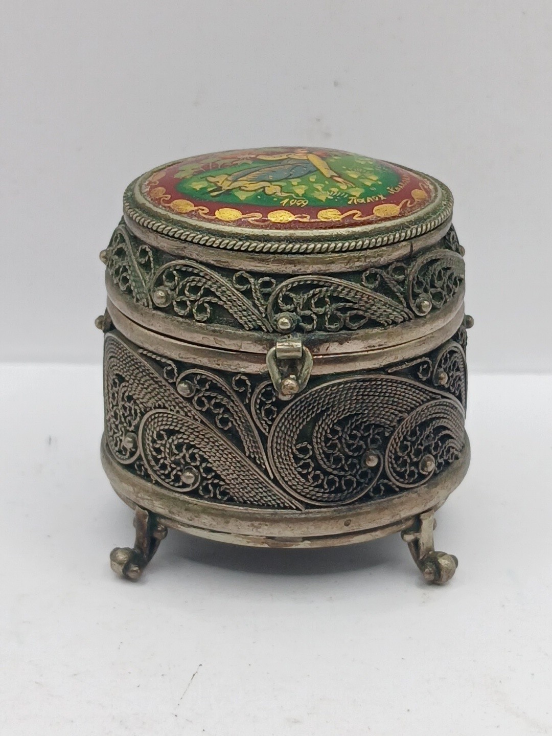 Vtg. Russian Hand-painted Lacquerware Lady Filigree Silver Petite Trinket Box